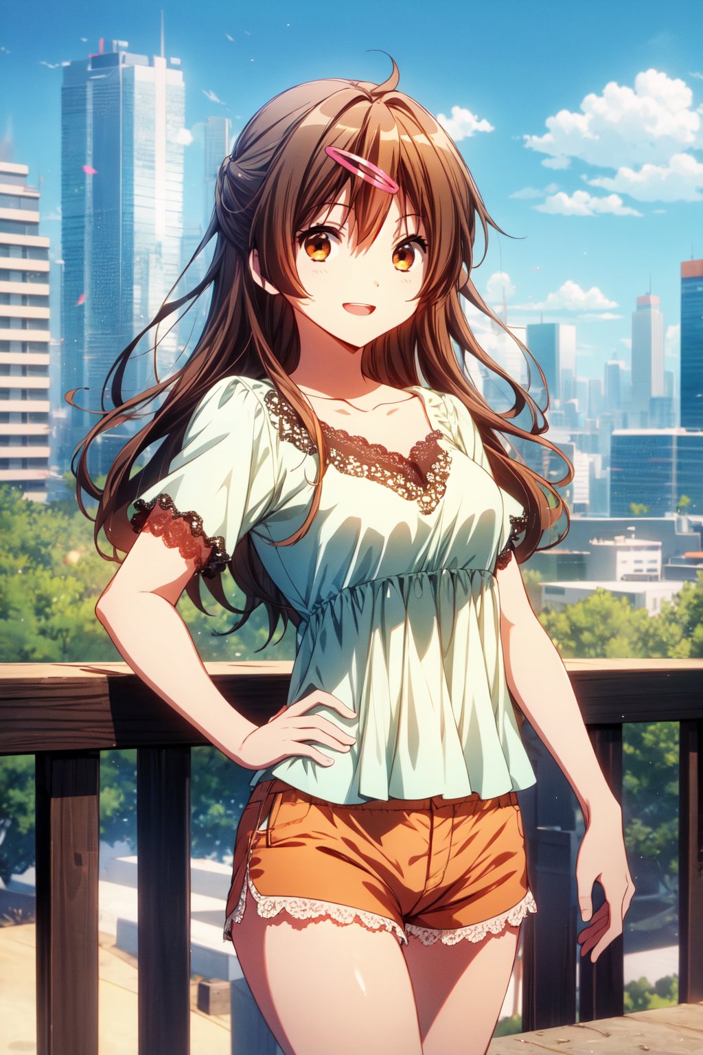 (masterpiece, best quality, official art, 8k unity wallpapers, incredibly absurdres), 1girl, solo, shinka nibutani, long hair, brown eyes, medium breasts, (orange ruffled short sleeve lace top), (sky-blue loose shorts), masterpiece, date atmosphere, happy smile, looking at viewer, hand on lower chest, cowboy shot, (beautiful city:1.2), outdoor, (sunny day),1 girl