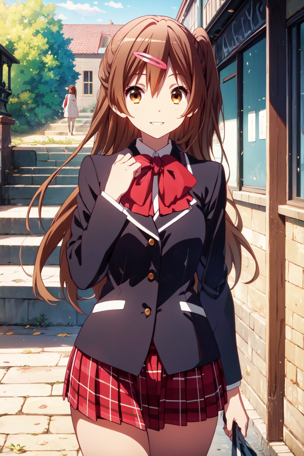 (masterpiece, best quality, official art, 8k unity wallpapers, incredibly absurdres, prefect hands), 1girl, solo, shinka nibutani, brown long hair and eyes, medium breasts, icho private high school uniform, black blazer, red plaid skirt, confident smile, looking at viewer, outdoors, (beautiful high school), cowboy shot, (thighs:0.8), day,1 girl