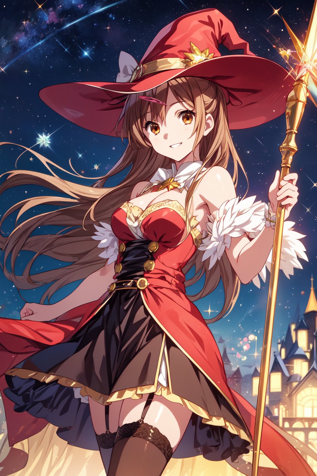 (masterpiece, best quality, official art, 8k unity wallpapers, incredibly absurdres), 1girl, solo, shinka nibutani, long hair, brown eyes, medium breasts, cleavage, witch costume, garter stockings, magic hat, magic scepter, magic effects, (starry sky at night), happy smile, looking at viewer, outdoor,1 girl