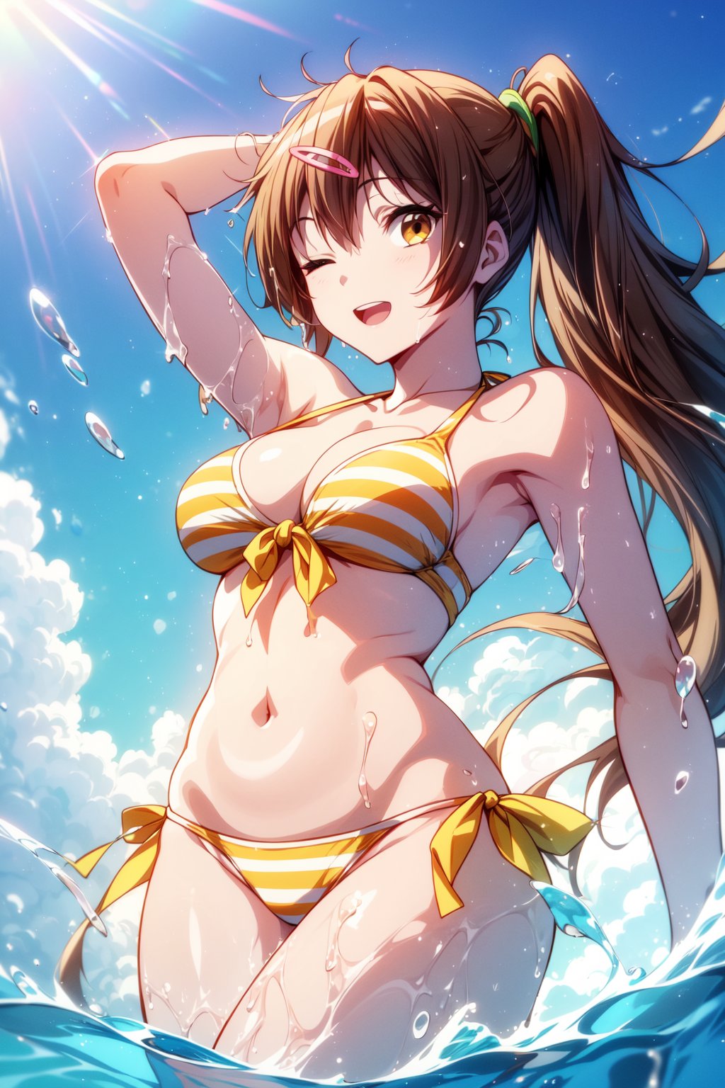 (masterpiece, best quality, official art, 8k unity wallpapers, incredibly absurdres, prefect hands), (beautiful pink-yellow shades), 1girl, solo, shinka nibutani, alternate hairstyle, (left side medium long ponytail), brown eyes, medium breasts, cleavage, (yellow-green two-color striped bikini), string bikini, side-tie bikini bottom, swimsuit, arm accessories, (one eye closed), open mouth, confident smile, looking at viewer, wading, Beautiful Beach, (raise one arm on head:1.2), (splash water:1.2), (hair blowing in the wind:1.25), (from below shot),