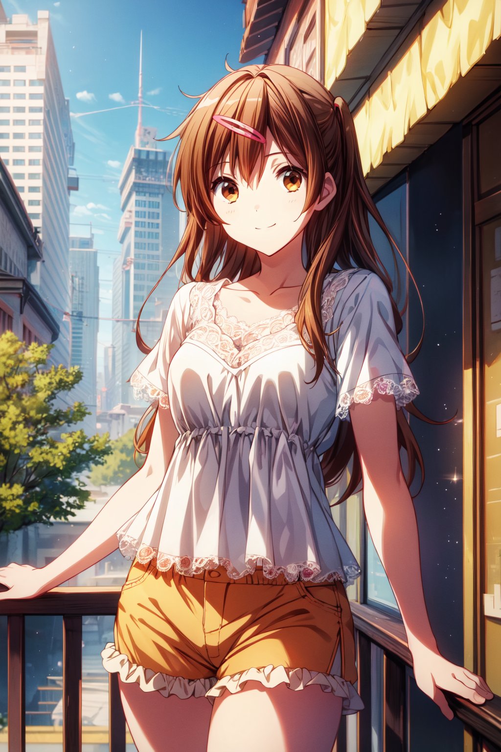 (masterpiece, best quality, official art, 8k unity wallpapers, incredibly absurdres), 1girl, solo, shinka nibutani, long hair, brown eyes, medium breasts, (orange ruffled short sleeve lace top), (sky-blue loose shorts), masterpiece, date atmosphere, happy smile, looking at viewer, hand on lower chest, cowboy shot, (beautiful city:1.2), outdoor, (sunny day),1 girl