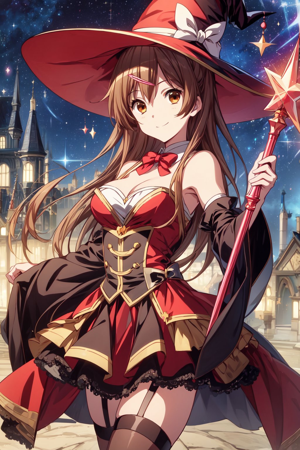 (masterpiece, best quality, official art, 8k unity wallpapers, incredibly absurdres), 1girl, solo, shinka nibutani, long hair, brown eyes, medium breasts, cleavage, witch costume, garter stockings, magic hat, magic scepter, magic effects, (starry sky at night), happy smile, looking at viewer, outdoor,1 girl