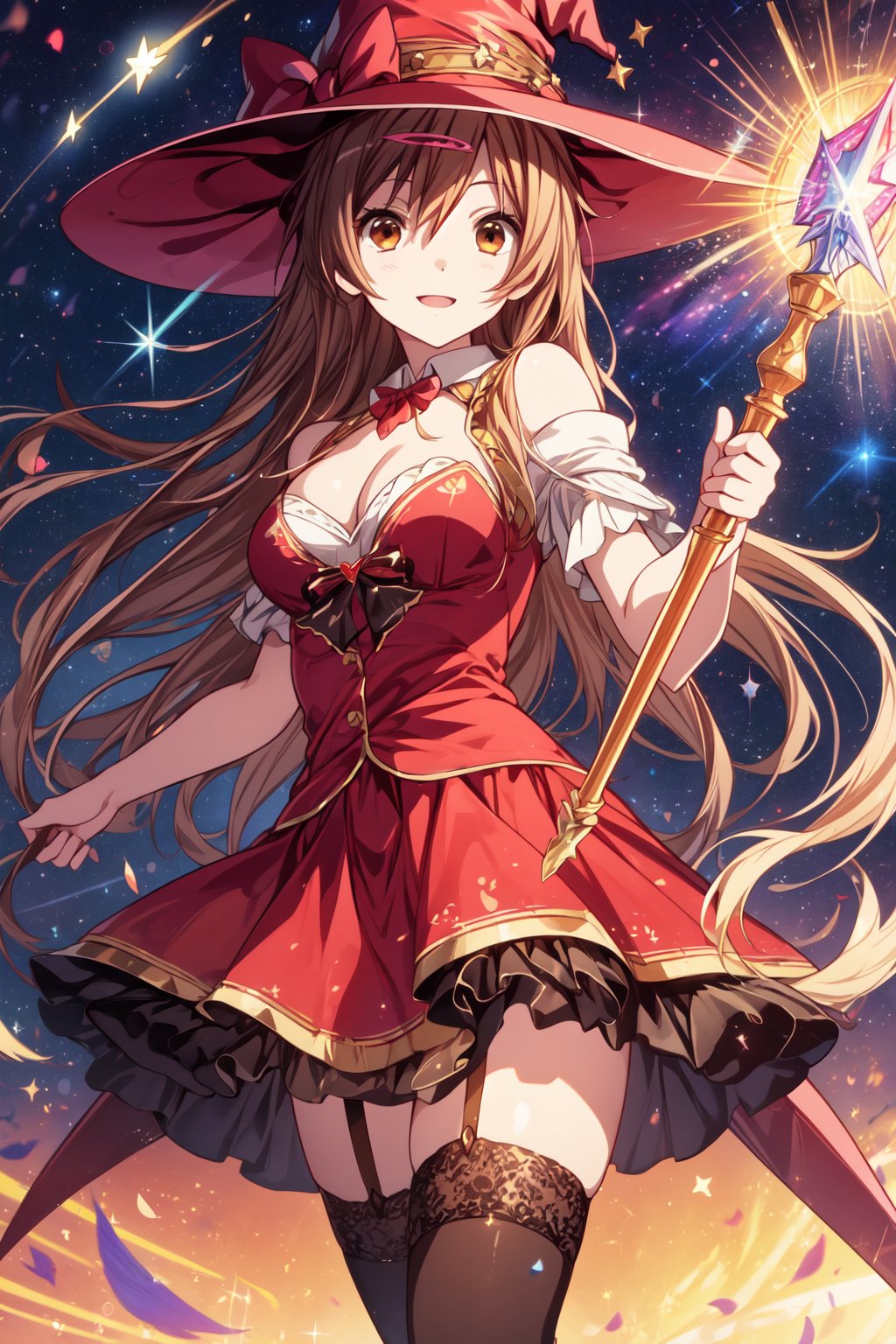 (masterpiece, best quality, official art, 8k unity wallpapers, incredibly absurdres), 1girl, solo, shinka nibutani, long hair, brown eyes, medium breasts, cleavage, witch costume, garter stockings, magic hat, magic scepter, magic effects, (starry sky at night), happy smile, looking at viewer, outdoor,1 girl