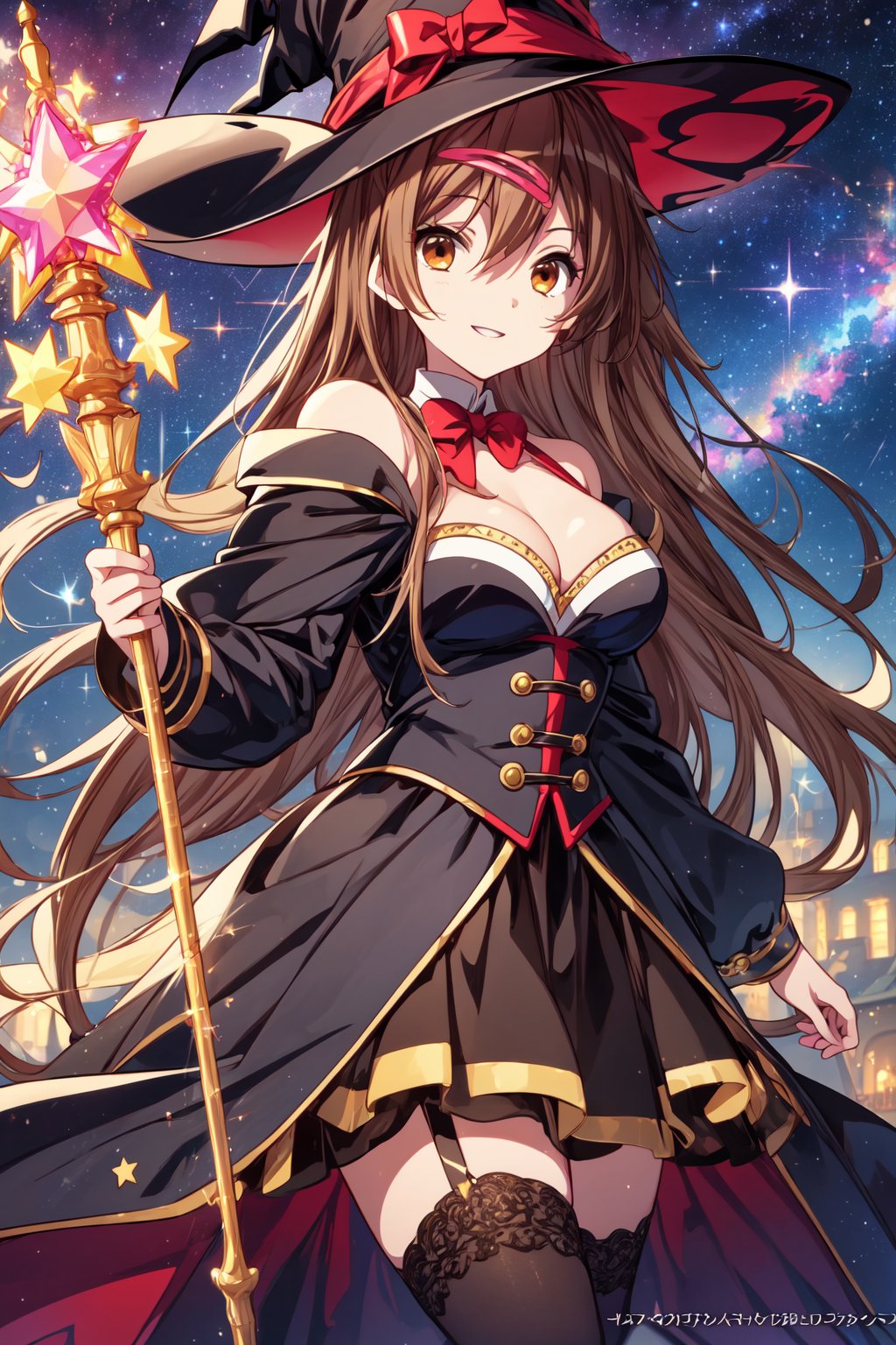 (masterpiece, best quality, official art, 8k unity wallpapers, incredibly absurdres), 1girl, solo, shinka nibutani, long hair, brown eyes, medium breasts, cleavage, witch costume, garter stockings, magic hat, magic scepter, magic effects, (starry sky at night), happy smile, looking at viewer, outdoor,1 girl