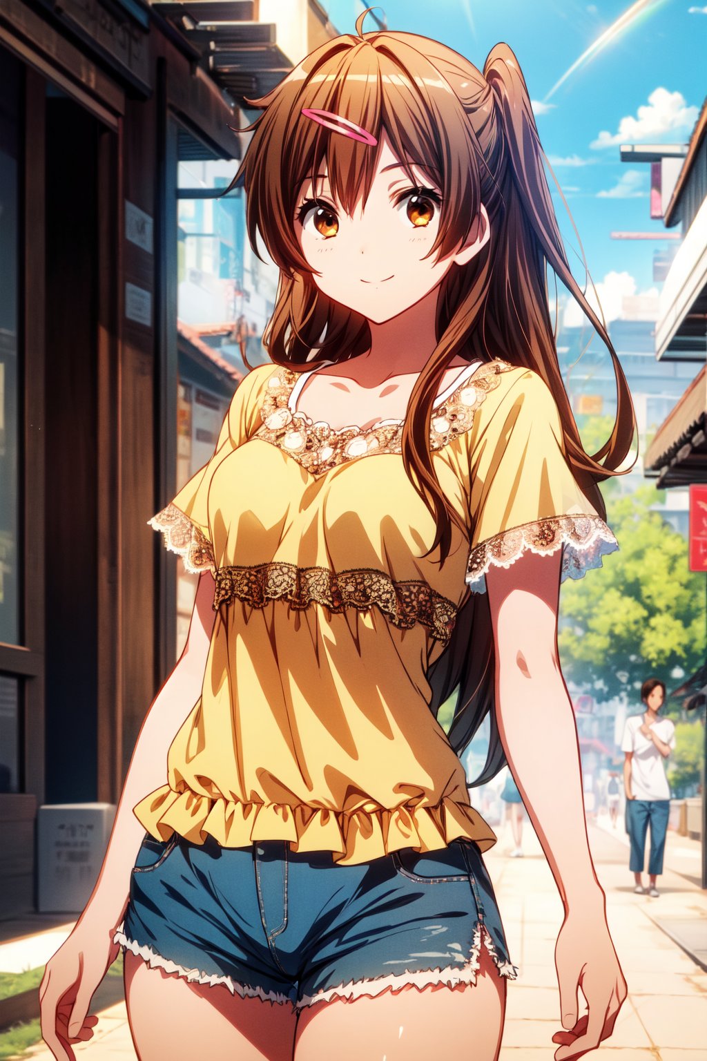 (masterpiece, best quality, official art, 8k unity wallpapers, incredibly absurdres), 1girl, solo, shinka nibutani, long hair, brown eyes, medium breasts, (orange ruffled short sleeve lace top), (sky-blue loose shorts), masterpiece, date atmosphere, happy smile, looking at viewer, hand on lower chest, cowboy shot, (beautiful city:1.2), outdoor, (sunny day),1 girl