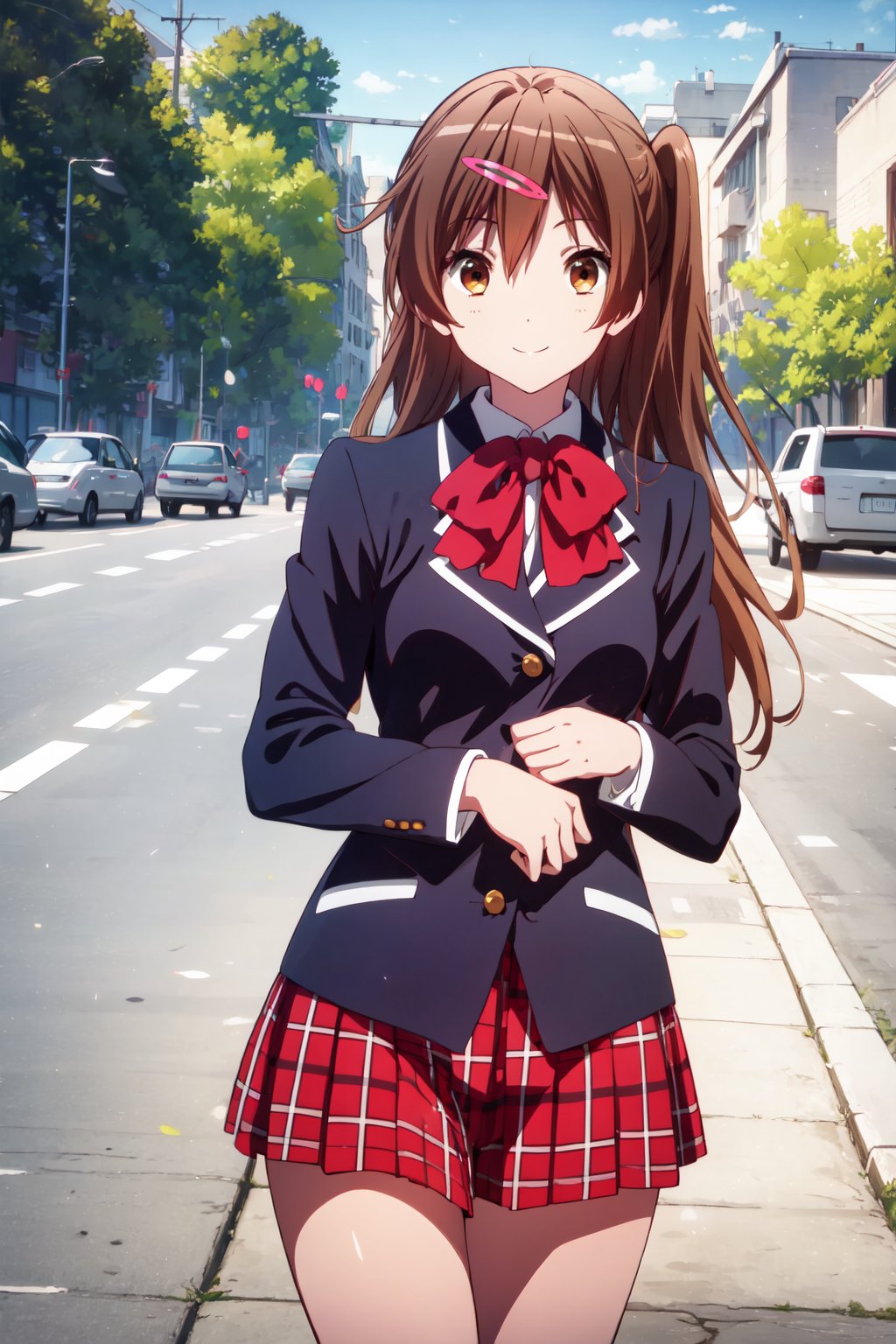 (masterpiece, best quality, official art, 8k unity wallpapers, incredibly absurdres, prefect hands), 1girl, solo, shinka nibutani, brown long hair and eyes, medium breasts, icho private high school uniform, black blazer, red plaid skirt, confident smile, looking at viewer, outdoors, (beautiful high school), cowboy shot, (thighs:0.8), day,1 girl