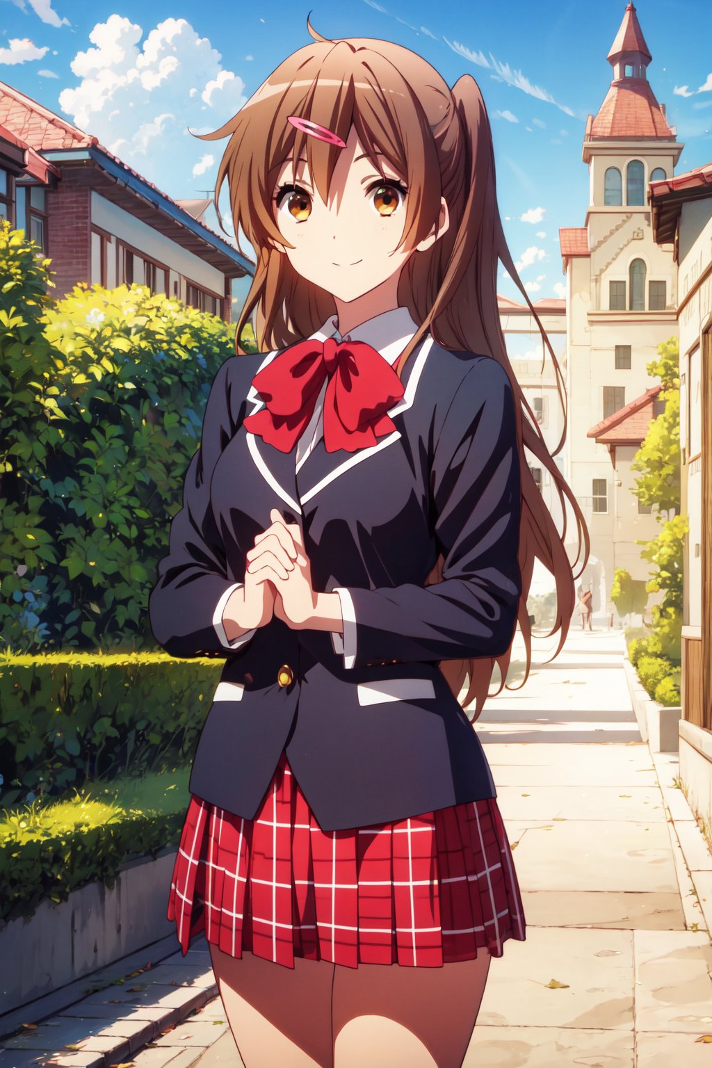 (masterpiece, best quality, official art, 8k unity wallpapers, incredibly absurdres, prefect hands), 1girl, solo, shinka nibutani, brown long hair and eyes, medium breasts, icho private high school uniform, black blazer, red plaid skirt, confident smile, looking at viewer, outdoors, (beautiful high school), cowboy shot, (thighs:0.6), day,1 girl