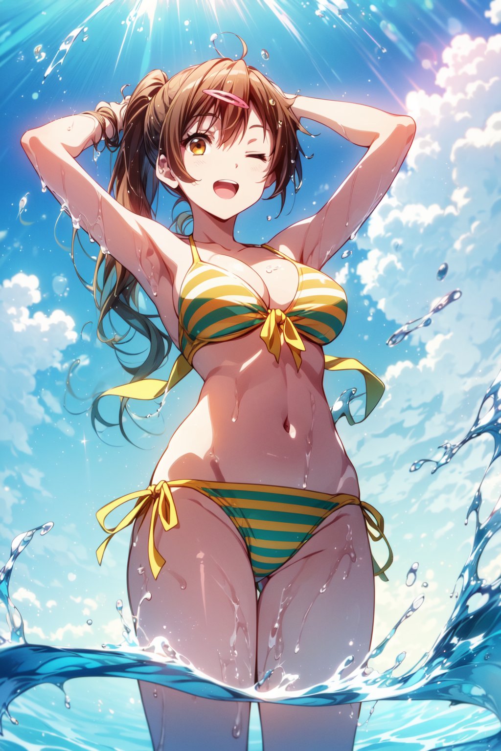 (masterpiece, best quality, official art, 8k unity wallpapers, incredibly absurdres, prefect hands), (beautiful pink-yellow shades), 1girl, solo, shinka nibutani, alternate hairstyle, (left side medium long ponytail), brown eyes, medium breasts, cleavage, (yellow-green two-color striped bikini), string bikini, side-tie bikini bottom, swimsuit, arm accessories, (one eye closed), open mouth, confident smile, looking at viewer, wading, Beautiful Beach, (raise one arm on head:1.2), (splash water:1.2), (hair blowing in the wind:1.25), (from below shot),