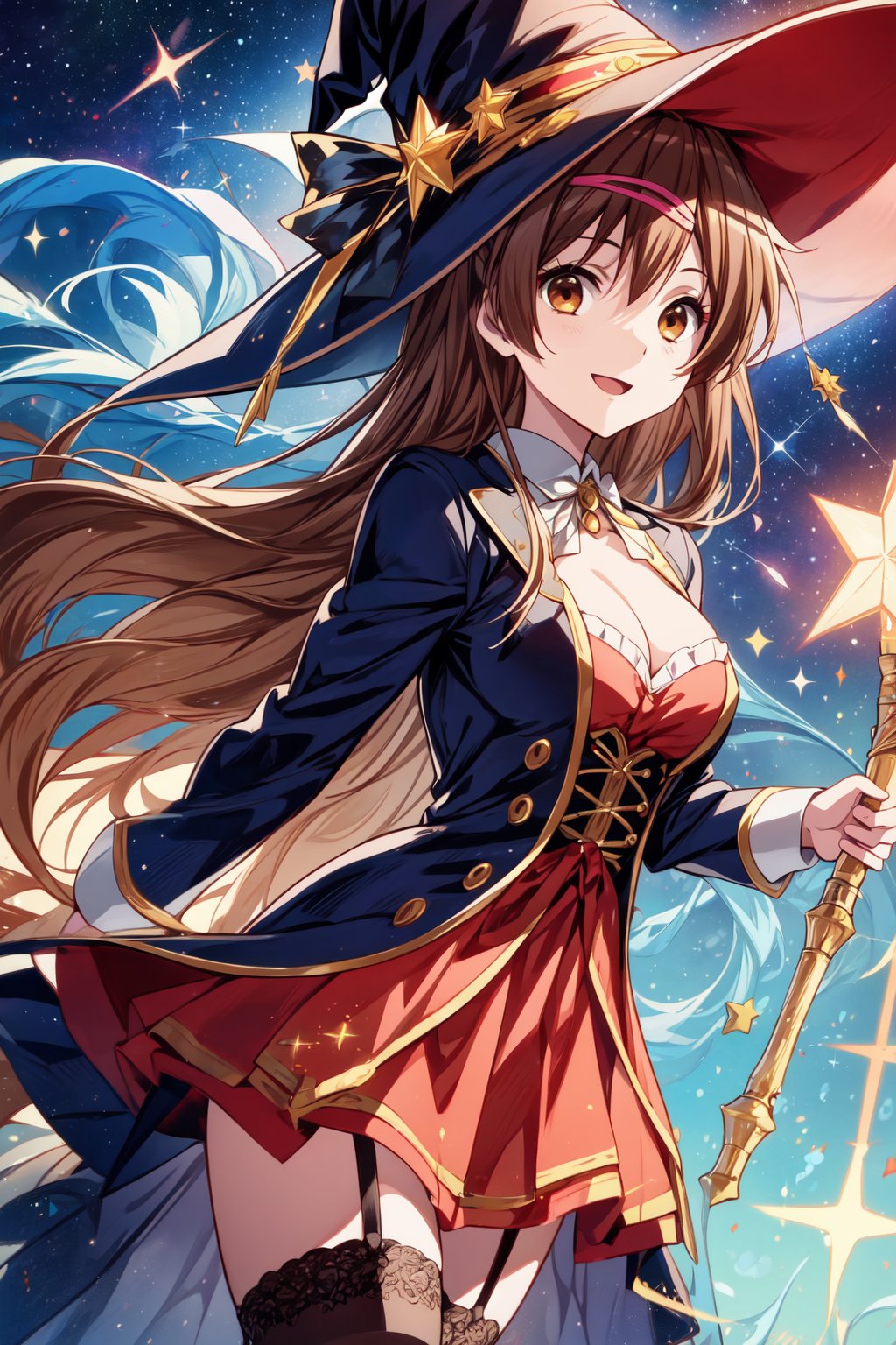 (masterpiece, best quality, official art, 8k unity wallpapers, incredibly absurdres), 1girl, solo, shinka nibutani, long hair, brown eyes, medium breasts, cleavage, witch costume, garter stockings, magic hat, magic scepter, magic effects, (starry sky at night), happy smile, looking at viewer, outdoor,1 girl