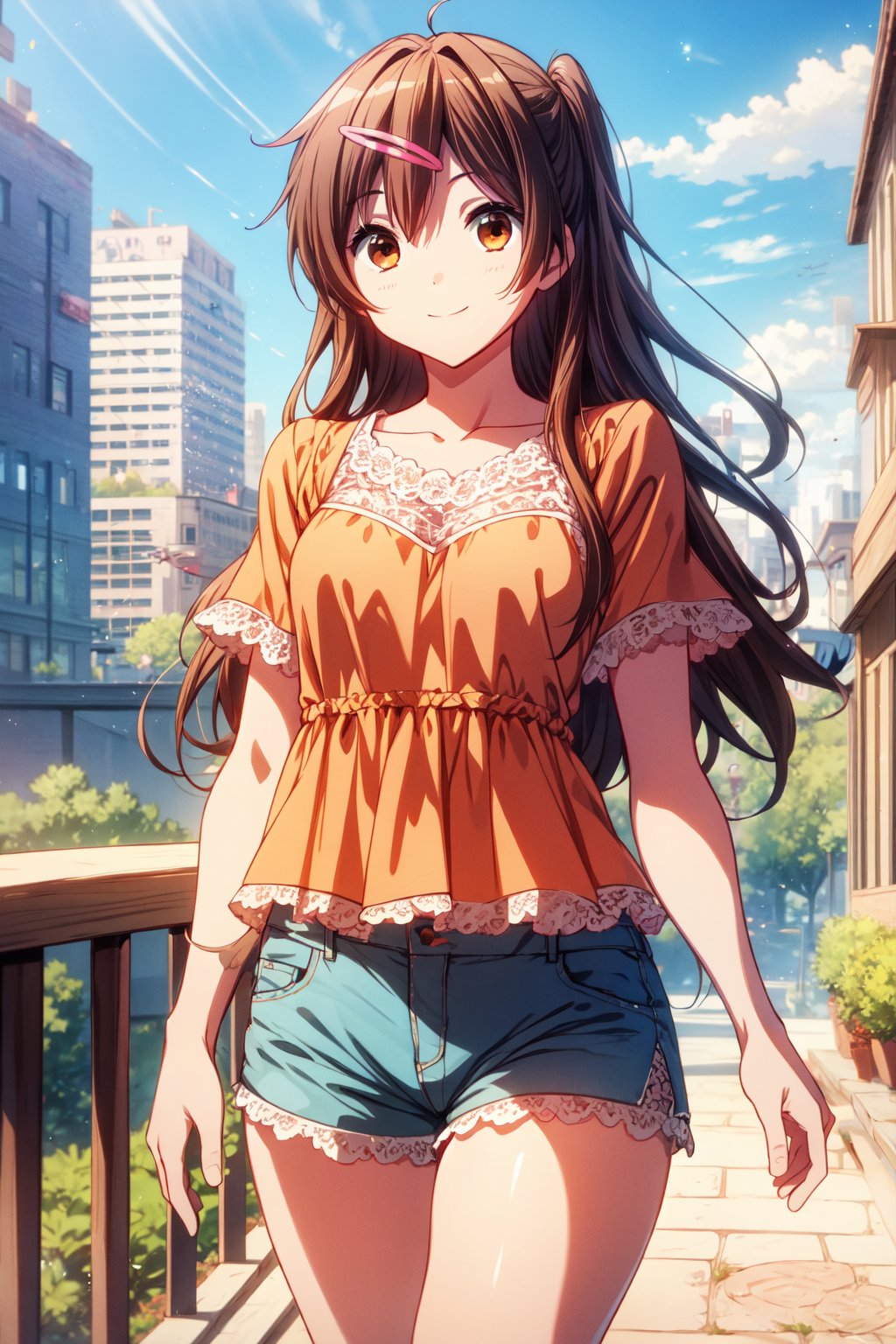 (masterpiece, best quality, official art, 8k unity wallpapers, incredibly absurdres), 1girl, solo, shinka nibutani, long hair, brown eyes, medium breasts, (orange ruffled short sleeve lace top), (sky-blue loose shorts), masterpiece, date atmosphere, happy smile, looking at viewer, hand on lower chest, cowboy shot, (beautiful city:1.2), outdoor, (sunny day),