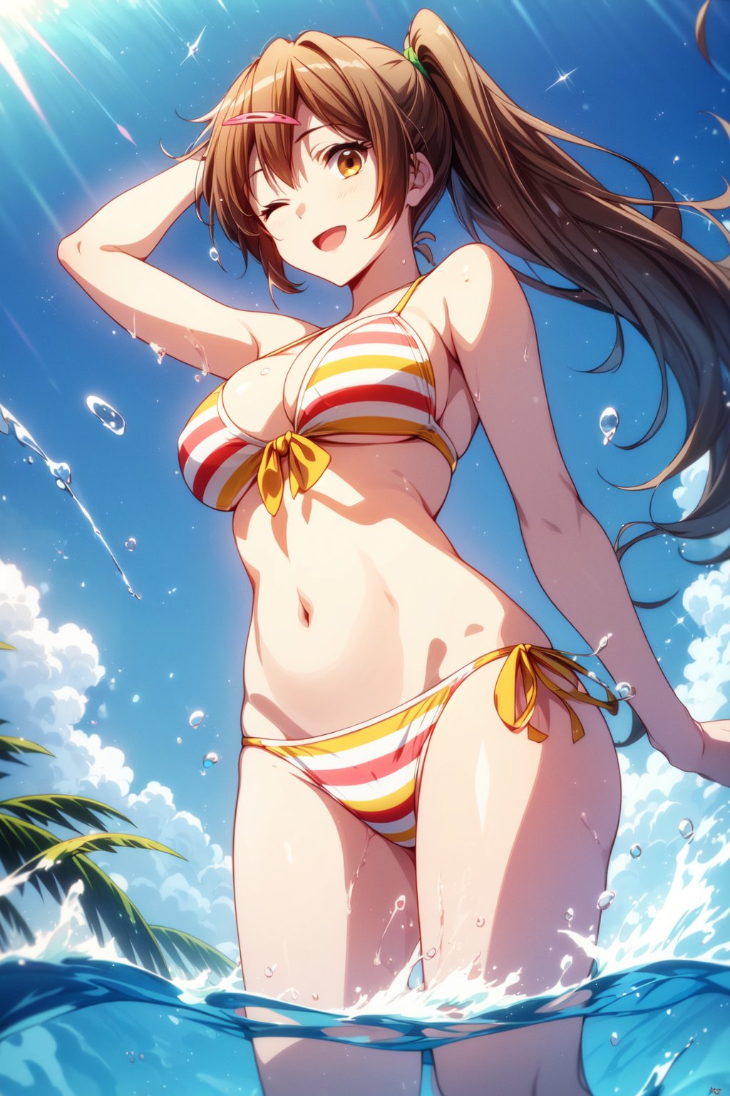 (masterpiece, best quality, official art, 8k unity wallpapers, incredibly absurdres, prefect hands), (beautiful pink-yellow shades), 1girl, solo, shinka nibutani, alternate hairstyle, (left side medium long ponytail), brown eyes, medium breasts, cleavage, (yellow-green two-color striped bikini), string bikini, side-tie bikini bottom, swimsuit, arm accessories, (one eye closed), open mouth, confident smile, looking at viewer, wading, Beautiful Beach, (raise one arm on head:1.2), (splash water:1.2), (hair blowing in the wind:1.25), (from below shot),