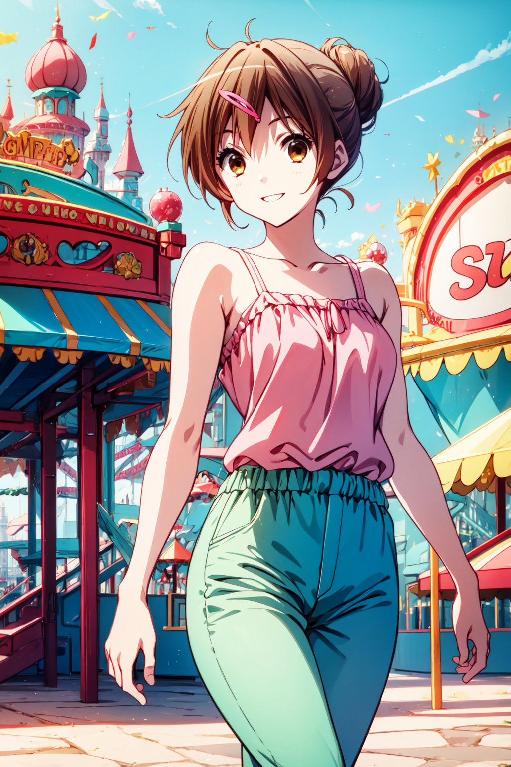 (masterpiece, best quality, official art, 8k unity wallpapers, incredibly absurdres), 1girl, solo, brown eyes, shinka nibutani, alternate hairstyle, hair up updo, short hair, (medium breasts), (coral-pink spaghetti straps camisole), (turquoise-color capri pants), smile, charming pose, looking at viewer, cowboy shot, (luxurious amusement park), outdoor, day, 1 girl, nibutani shinka,