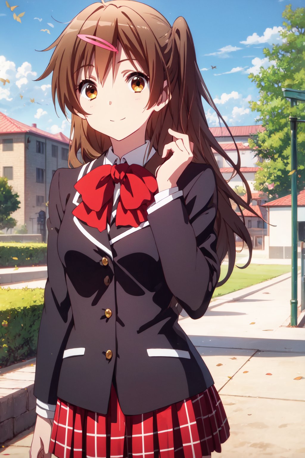 (masterpiece, best quality, official art, 8k unity wallpapers, incredibly absurdres, prefect hands), 1girl, solo, shinka nibutani, brown long hair and eyes, medium breasts, icho private high school uniform, black blazer, red plaid skirt, confident smile, looking at viewer, outdoors, (beautiful high school), cowboy shot, (thighs:0.8), day,1 girl