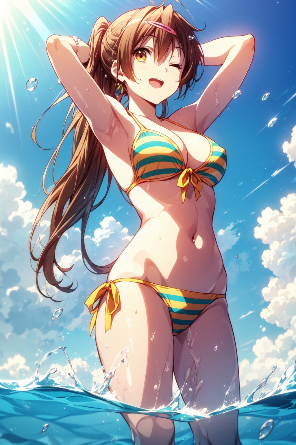 (masterpiece, best quality, official art, 8k unity wallpapers, incredibly absurdres, prefect hands), (beautiful pink-yellow shades), 1girl, solo, shinka nibutani, alternate hairstyle, (left side medium long ponytail), brown eyes, medium breasts, cleavage, (yellow-green two-color striped bikini), string bikini, side-tie bikini bottom, swimsuit, arm accessories, (one eye closed), open mouth, confident smile, looking at viewer, wading, Beautiful Beach, (raise arm on head:1.2), (splash water:1.2), (hair blowing in the wind:1.25), (from below shot),