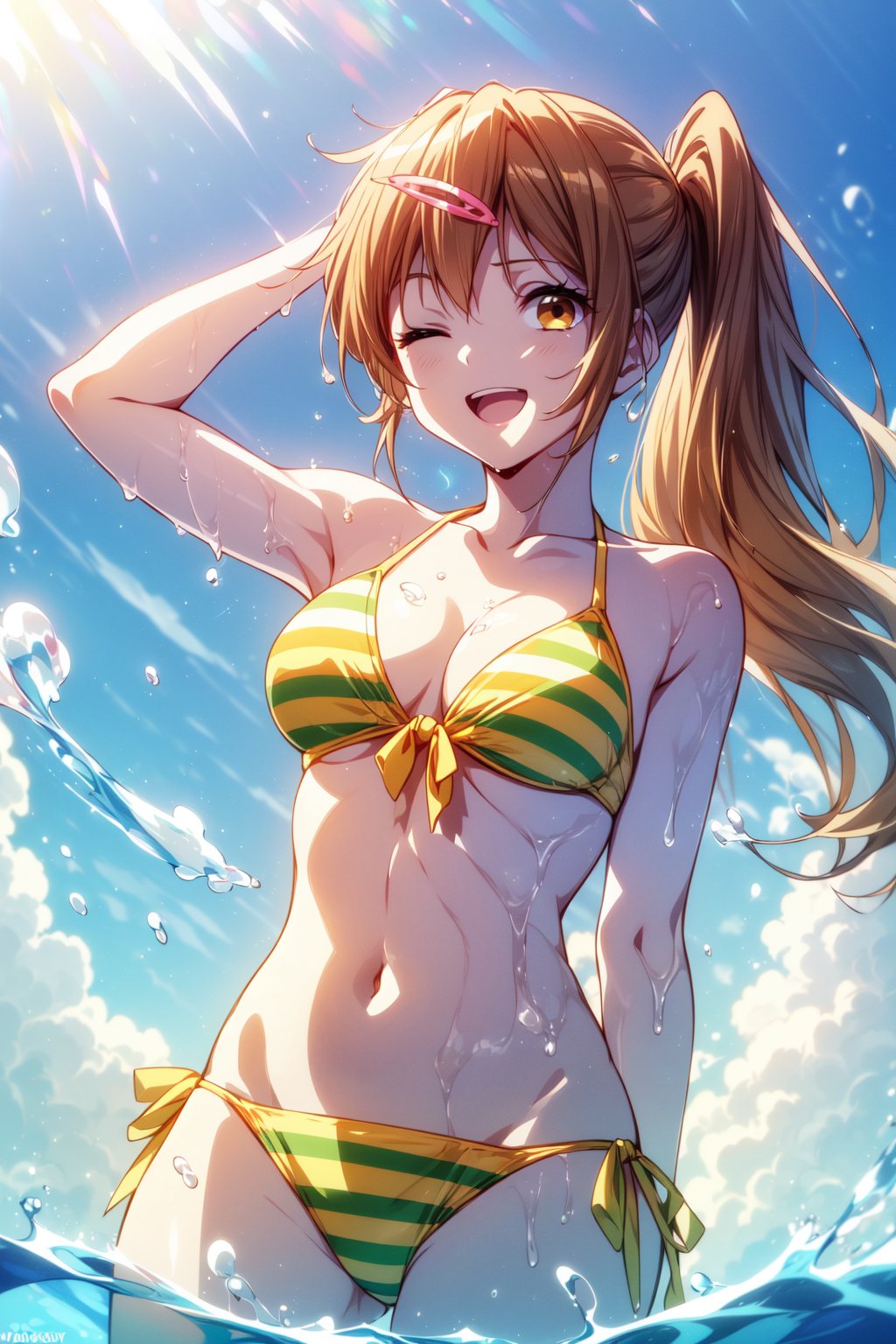 (masterpiece, best quality, official art, 8k unity wallpapers, incredibly absurdres, prefect hands), (beautiful pink-yellow shades), 1girl, solo, shinka nibutani, alternate hairstyle, (left side medium long ponytail), brown eyes, medium breasts, cleavage, (yellow-green two-color striped bikini), string bikini, side-tie bikini bottom, swimsuit, arm accessories, (one eye closed), open mouth, confident smile, looking at viewer, wading, Beautiful Beach, (raise one arm on head:1.2), (splash water:1.2), (hair blowing in the wind:1.25), (from below shot),