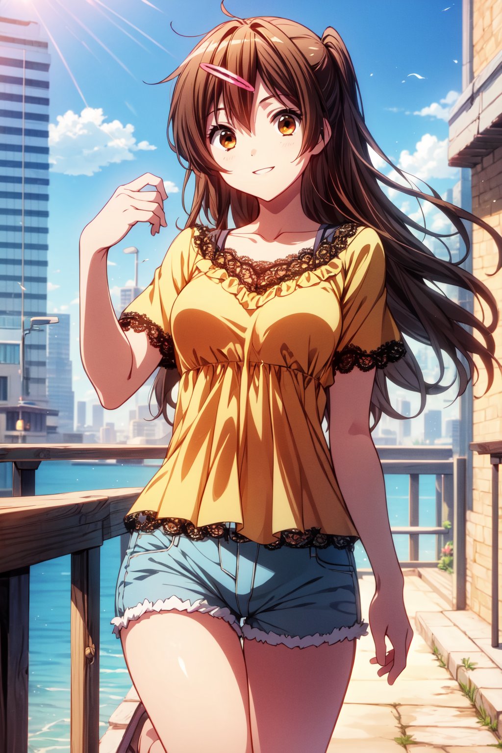 (masterpiece, best quality, official art, 8k unity wallpapers, incredibly absurdres), 1girl, solo, shinka nibutani, long hair, brown eyes, medium breasts, (orange ruffled short sleeve lace top), (sky-blue loose shorts), masterpiece, date atmosphere, happy smile, looking at viewer, hand on lower chest, cowboy shot, (beautiful city:1.2), outdoor, (sunny day),1 girl