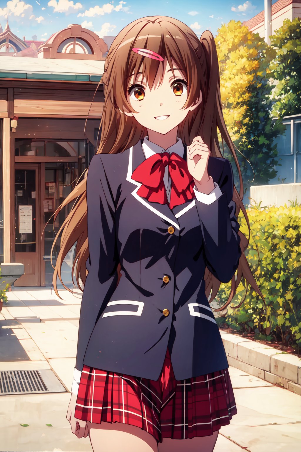 (masterpiece, best quality, official art, 8k unity wallpapers, incredibly absurdres, prefect hands), 1girl, solo, shinka nibutani, brown long hair and eyes, medium breasts, icho private high school uniform, black blazer, red plaid skirt, confident smile, looking at viewer, outdoors, (beautiful high school), cowboy shot, (thighs:0.8), day,1 girl