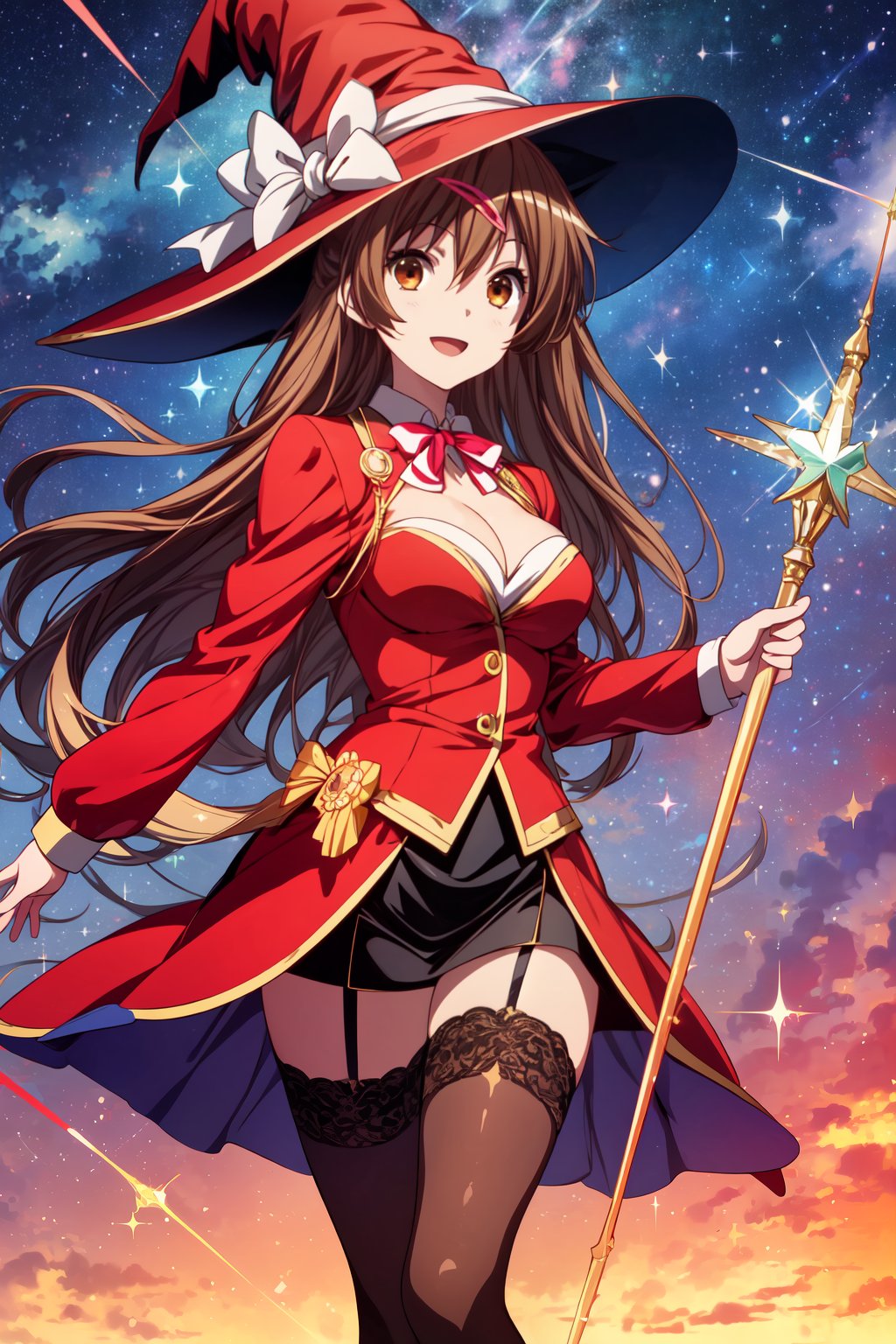 (masterpiece, best quality, official art, 8k unity wallpapers, incredibly absurdres), 1girl, solo, shinka nibutani, long hair, brown eyes, medium breasts, cleavage, witch costume, garter stockings, magic hat, magic scepter, magic effects, (starry sky at night), happy smile, looking at viewer, outdoor,1 girl