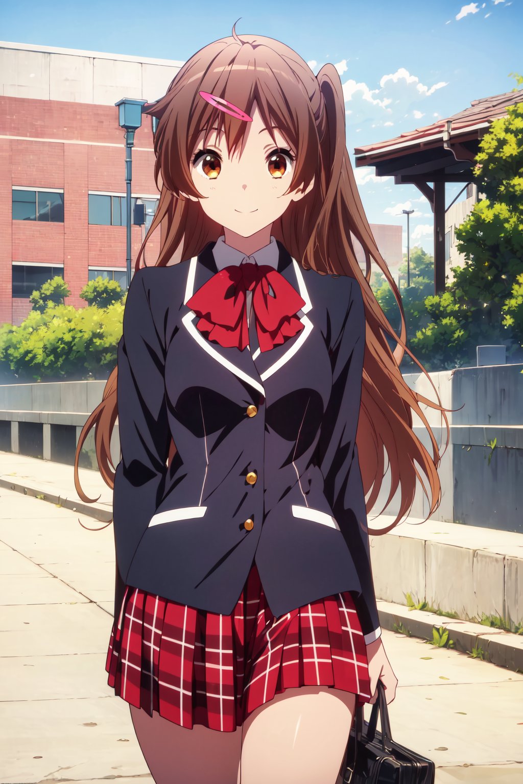 (masterpiece, best quality, official art, 8k unity wallpapers, incredibly absurdres, prefect hands), 1girl, solo, shinka nibutani, brown long hair and eyes, medium breasts, icho private high school uniform, black blazer, red plaid skirt, confident smile, looking at viewer, outdoors, (beautiful high school), cowboy shot, day,1 girl