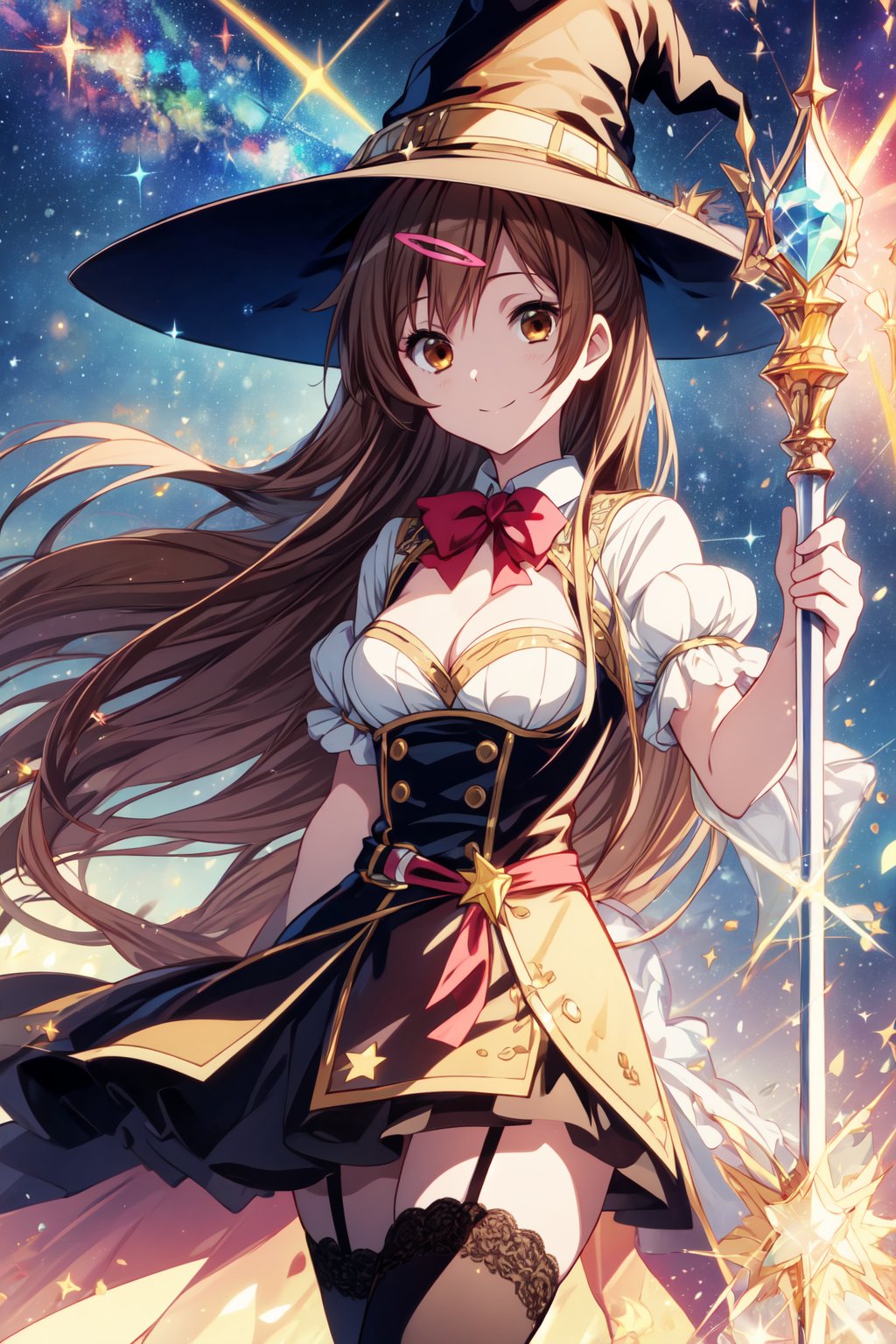 (masterpiece, best quality, official art, 8k unity wallpapers, incredibly absurdres), 1girl, solo, shinka nibutani, long hair, brown eyes, medium breasts, cleavage, witch costume, garter stockings, magic hat, magic scepter, magic effects, (starry sky at night), happy smile, looking at viewer, outdoor,1 girl