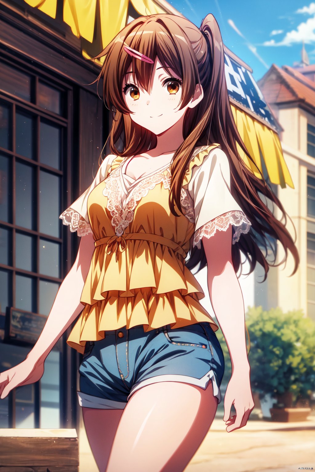 (masterpiece, best quality, official art, 8k unity wallpapers, incredibly absurdres), 1girl, solo, shinka nibutani, long hair, brown eyes, medium breasts, (orange ruffled short sleeve lace top), (sky-blue loose shorts), masterpiece, date atmosphere, happy smile, looking at viewer, hand on lower chest, cowboy shot, (beautiful city:1.2), outdoor, (sunny day),