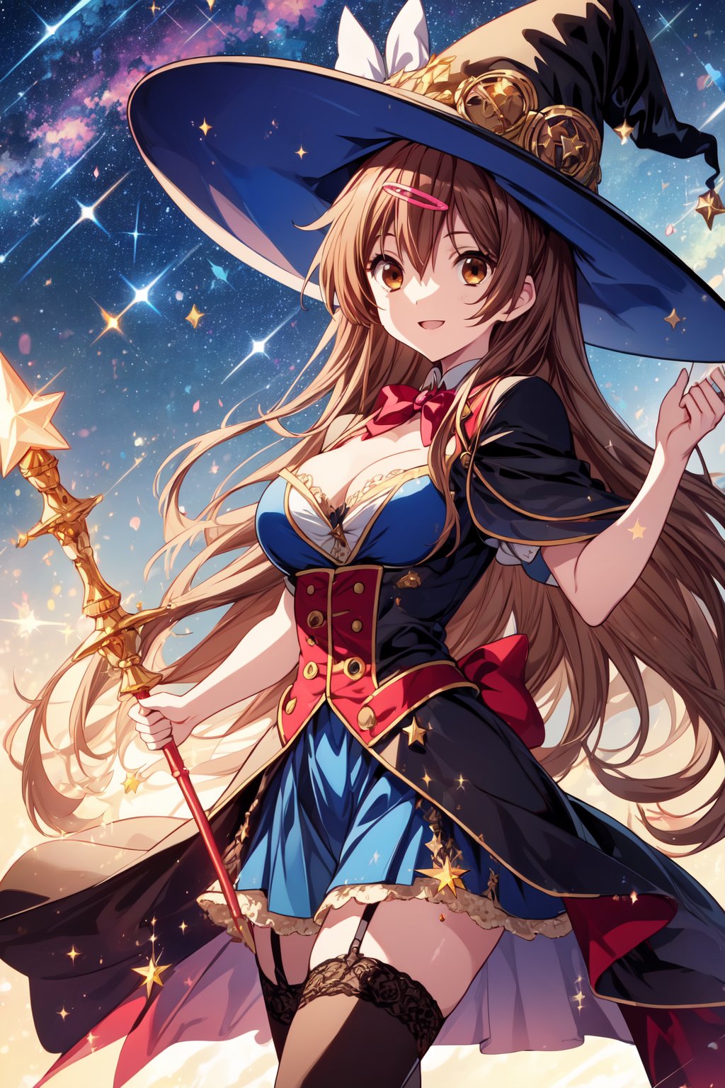 (masterpiece, best quality, official art, 8k unity wallpapers, incredibly absurdres), 1girl, solo, shinka nibutani, long hair, brown eyes, medium breasts, cleavage, witch costume, garter stockings, magic hat, magic scepter, magic effects, (starry sky at night), happy smile, looking at viewer, outdoor,1 girl