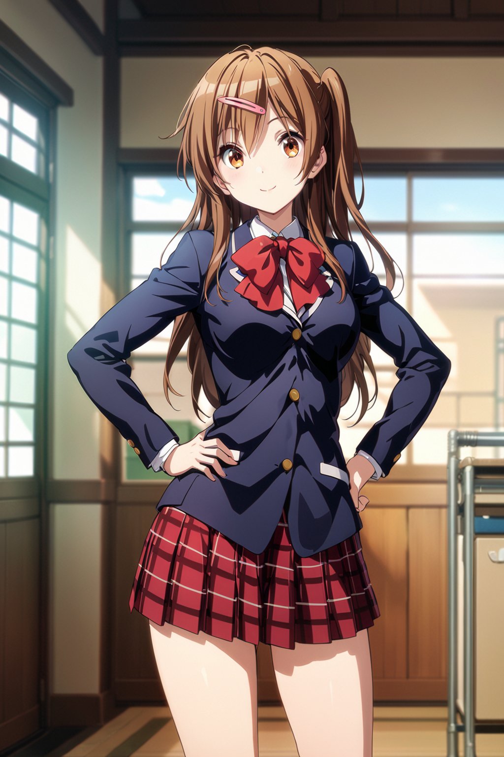 (masterpiece, best quality, ultra-detailed, detailed background, detailed eyes, 8k unity wallpapers, official art, incredibly absurdres), 1girl, solo, nibutani shinka, long hair, brown hair, brown eyes, hairclip, one side up, medium breasts, red plaid skirt, icho private high school uniform, navy blue blazer, red bow, indoor, school, smile, one hand on hip, looking at viewer, cowboy shot,