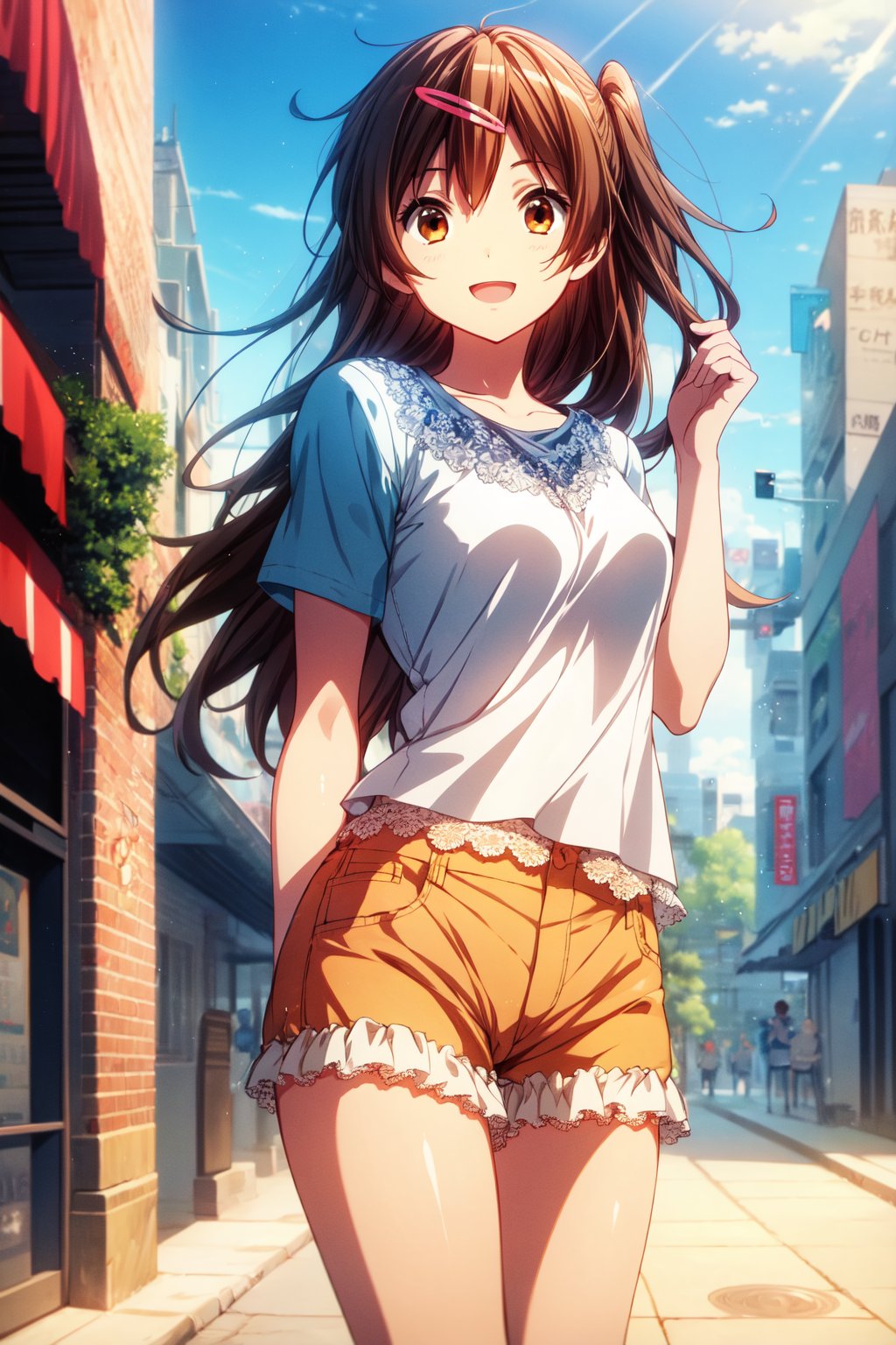 (masterpiece, best quality, official art, 8k unity wallpapers, incredibly absurdres), 1girl, solo, shinka nibutani, long hair, brown eyes, medium breasts, (orange ruffled short sleeve lace top), (sky-blue loose shorts), masterpiece, date atmosphere, happy smile, looking at viewer, hand on lower chest, cowboy shot, (beautiful city:1.2), outdoor, (sunny day),