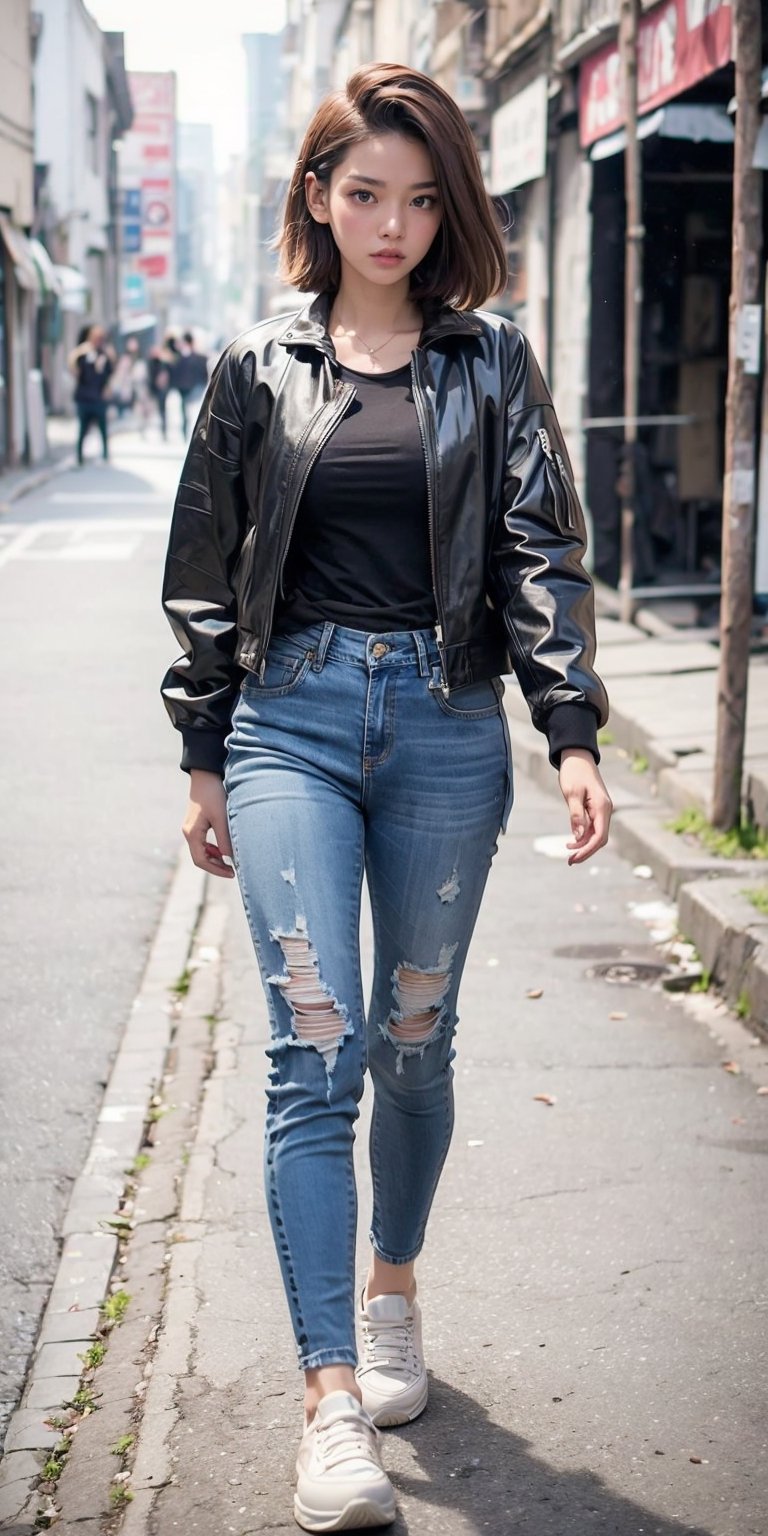 low quality old photo, Korean 1girl, wearing black latex jacket, front facing, walking towards viewer, backstreet slums as background, fierce look, low angle, no makeup, barefaced, freckles, shoulder length wavy black hair, wearing old cheap  sneakers, rugged faded denim pants, niji viking beauty style 