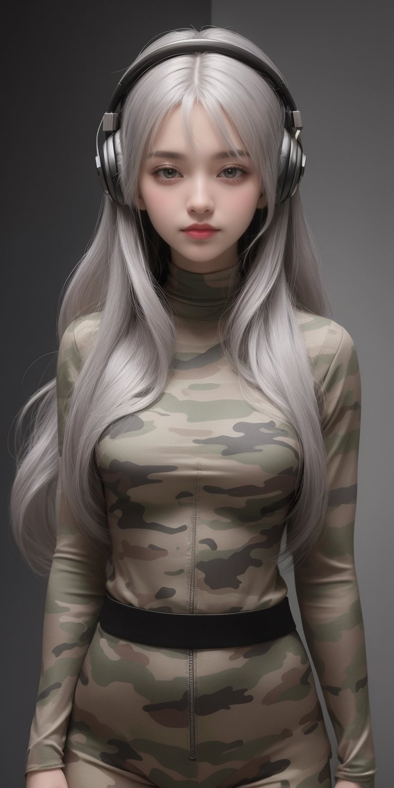 warm light room Beautiful woman with silver long hair against a grey background.over-the-ear headphones Smile, camouflage tight top,