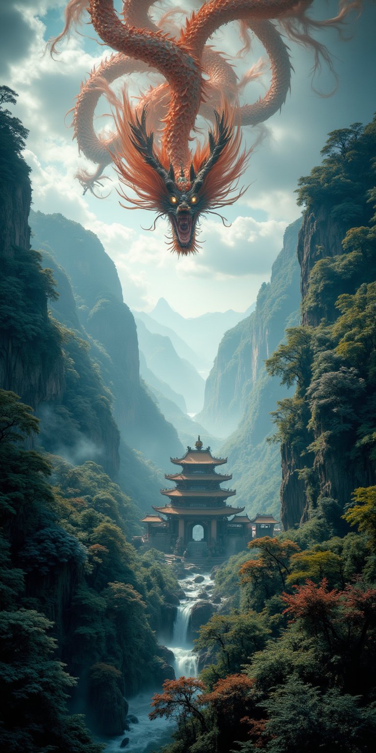 ((Enchanting)) very low angle shot of a vertical panoramic photo, Chinese dragon flying up high, mystical forest below with steep rocky mountains, temples, castles, shrines, walls, and mystic gates, light rays cloud rays, god rays, cinematic, extreme details.
