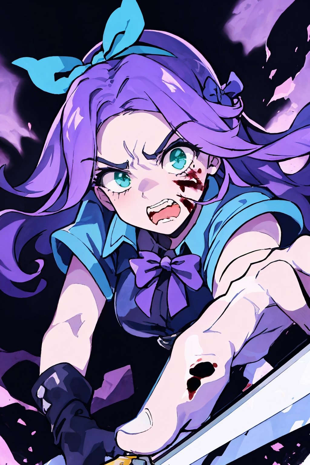 1girl, ultra high res, ultra detailed, high contrast color tone, extremely detailed lighting, purple hair, blue-green eyes, bow headband, teeth, blood in face, dungeon background, holding a sword, fierce face, abigail