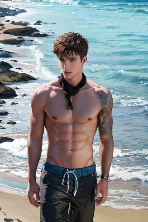 hansome men Shirtless, beach background, 