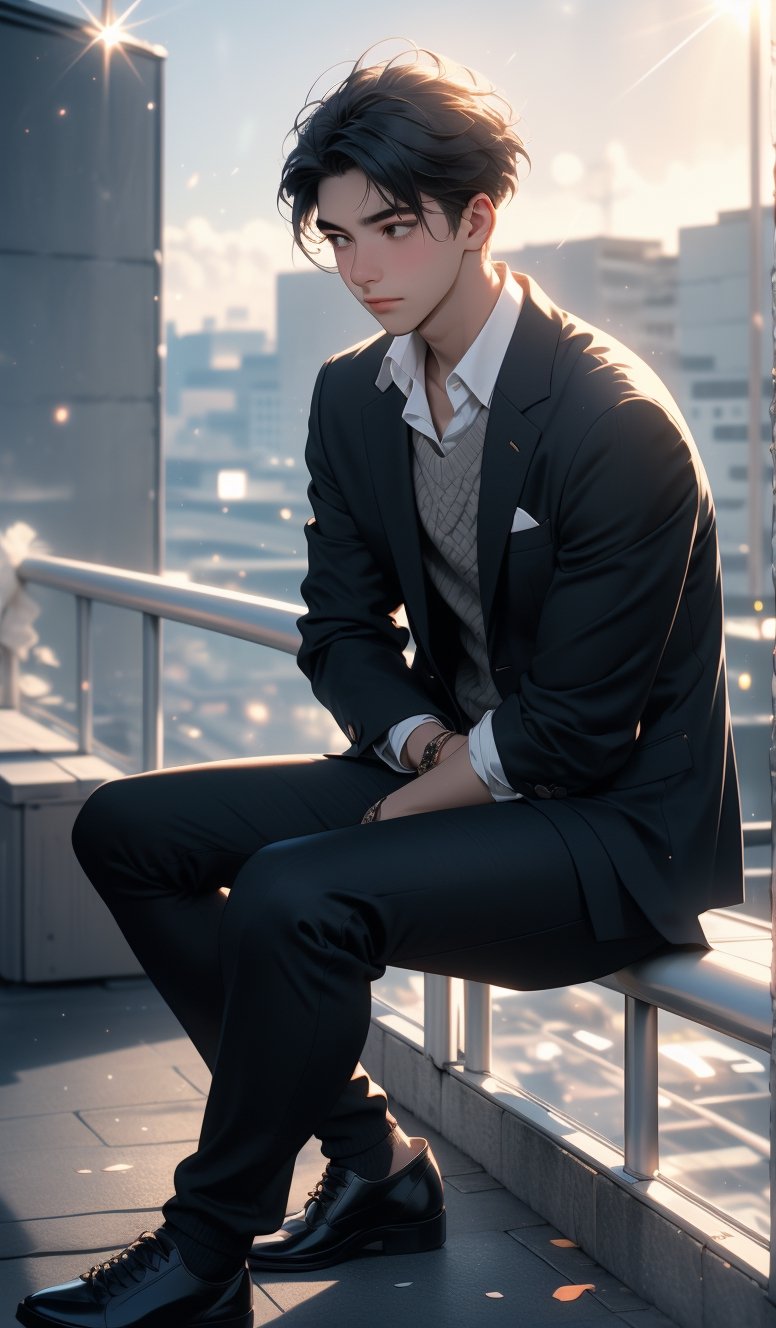 a young man sits outdoors, possibly on a rooftop, leaning forward with his arms resting on his knees. He wears a dark blazer over a white ribbed sweater, exuding a thoughtful or introspective mood. The photograph captures a soft, natural light and displays a subtle lens flare, adding an artistic touch to the serene moment.