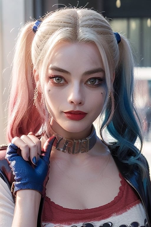 ((masterpiece, best quality)), harley quinn,margot robbie, naked, sexy,curvy body,detailed face,perfect eyes,detailed hands,hands up,light background,mix of fantasy and realistic elements,vibrant manga,uhd picture , crystal translucency, vibrant artwork