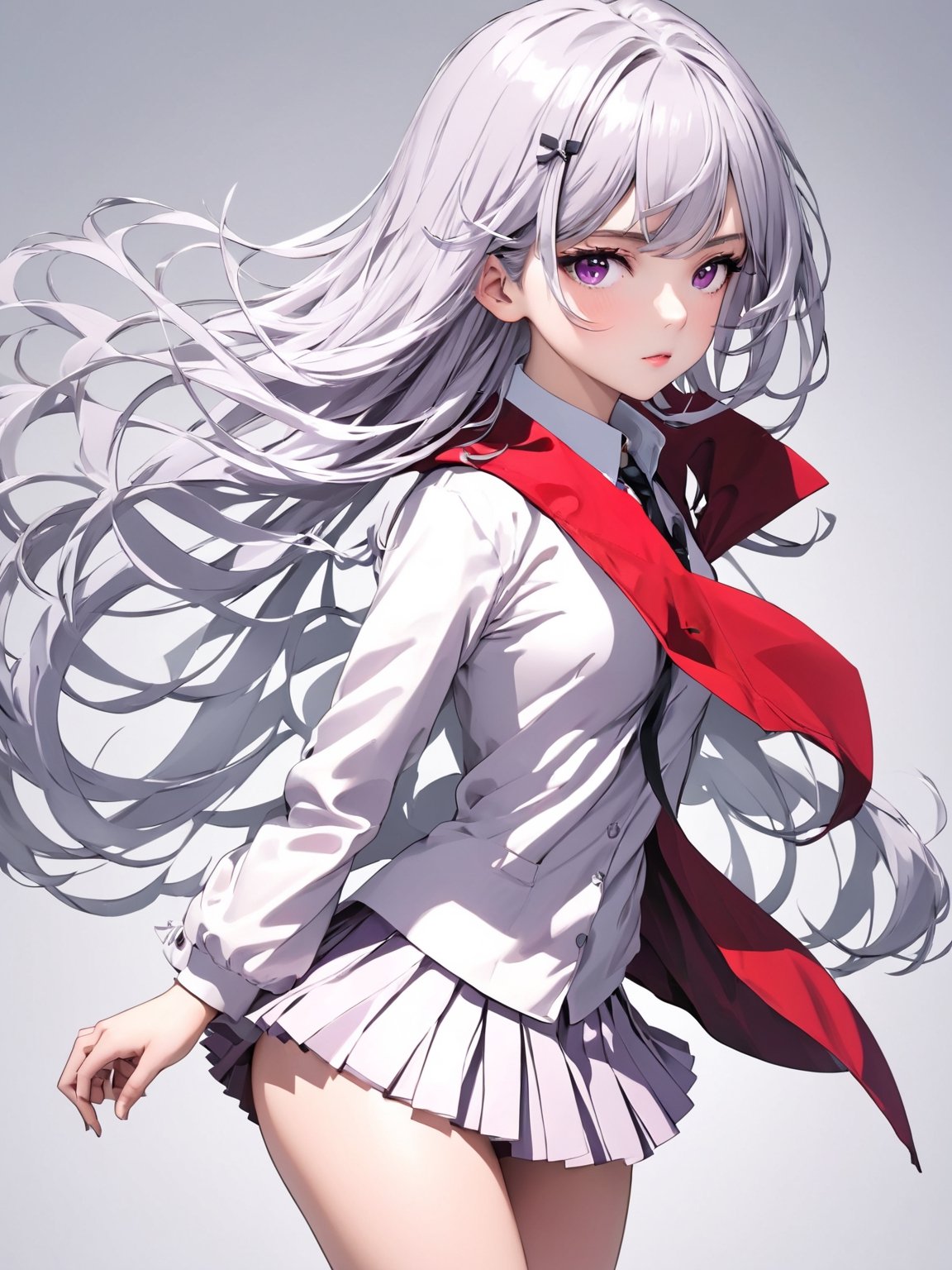 //Character, solo, 1girl, white hair, purple eyes,
//Fashion, school uniform, red jacket, pleated skirt, naked
//Background, simple background, 
//Quality, (masterpiece), best quality, ultra-high resolution, ultra-high definition, highres, intricate, intricate details, absurdres, highly detailed, finely detailed, ultra-detailed, ultra-high texture quality, natural lighting, natural shadow, dramatic shading, dramatic lighting, vivid colour, perfect anatomy, 
//Others, 