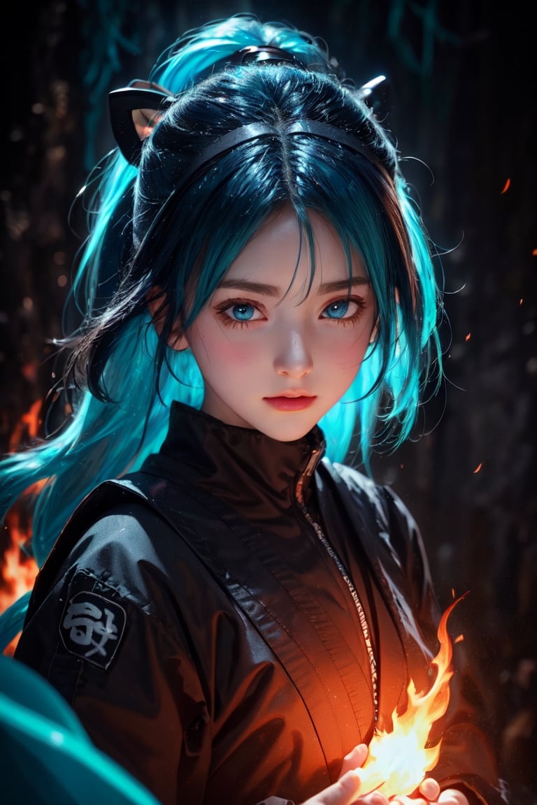 a Japanese ninja girl, long cyan fire hair, high quality, high resolution, high precision, realism, color correction, proper lighting settings, harmonious composition