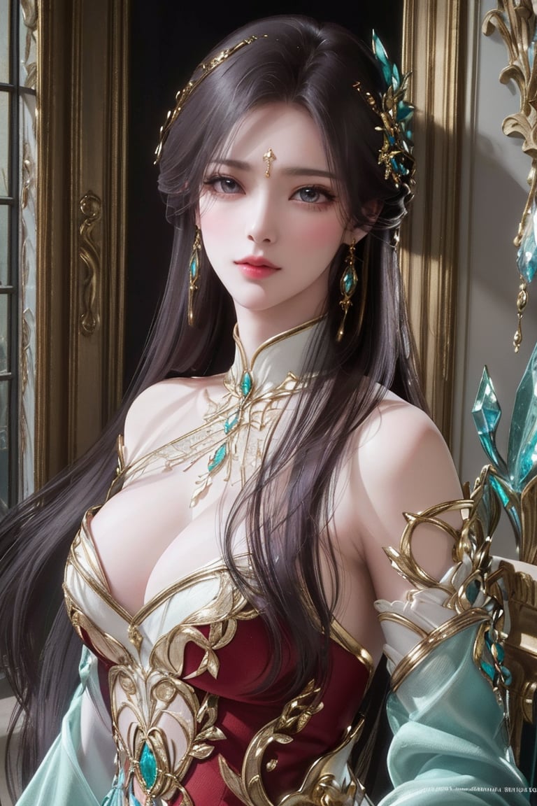 (Best quality,8K,A high resolution,Masterpiece:1.2),Ultra-detailed,(Realistic,Photorealistic,photo-realistic:1.37),Portrait,Creative style artwork,Historical,classical,Sophisticated,plethora of colors,Highly detailed,Soft lighting,luxurious environment,detailed gown,Vibrant flowers,detailed jewellery,Ethereal atmosphere,Elegant Pose,red dress,Graceful curves,Gold body proportions,Flowing hair,Breathtaking textile patterns,Harsh purple eyes,Delicate floral decoration,A dazzling array of crystal accessories,Mysterious and dreamy atmosphere,