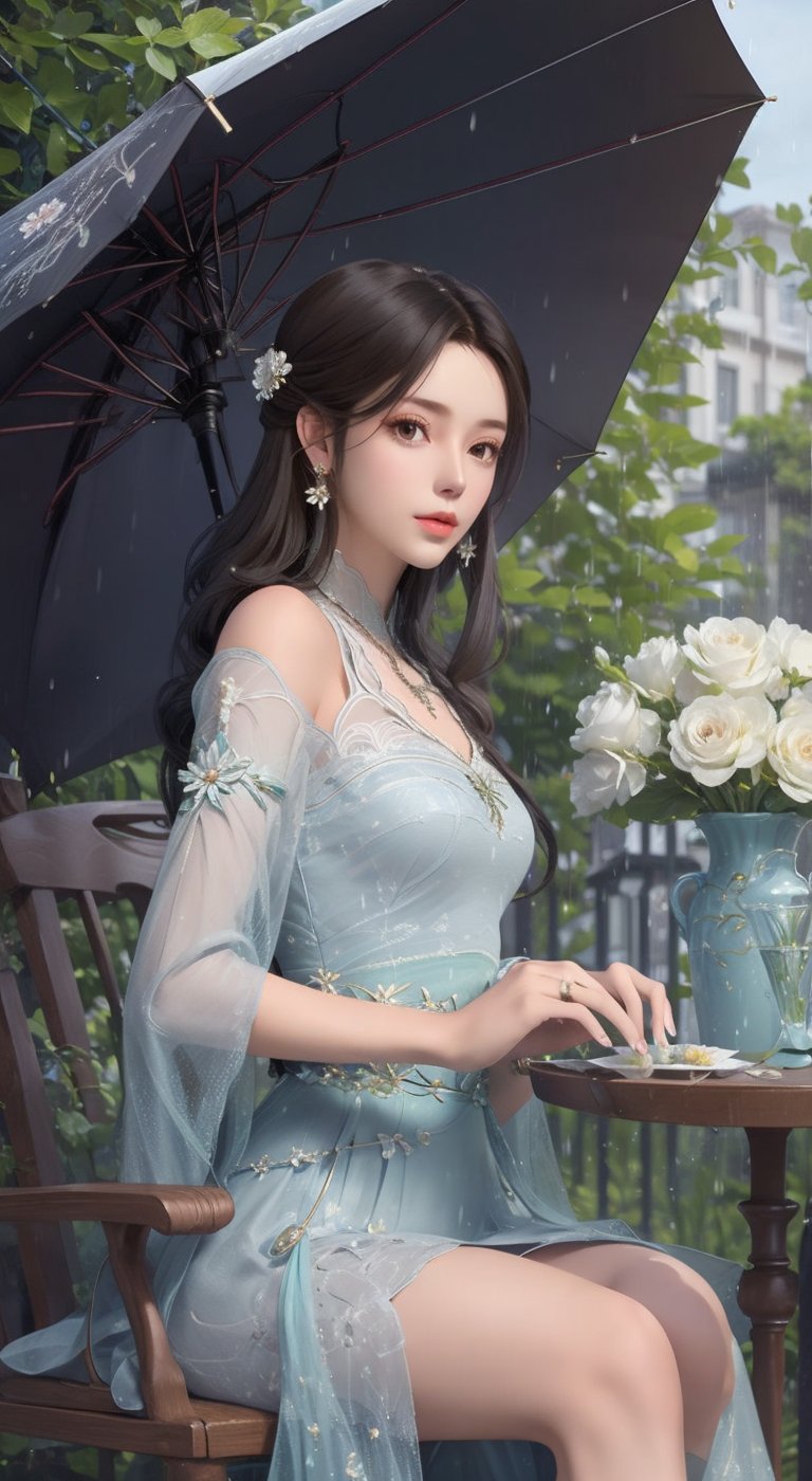 1girl, solo, looking at viewer, dress, holding, jewelry, sitting, brown eyes, black hair, flower, earrings, necklace, umbrella, table, holding umbrella, vase