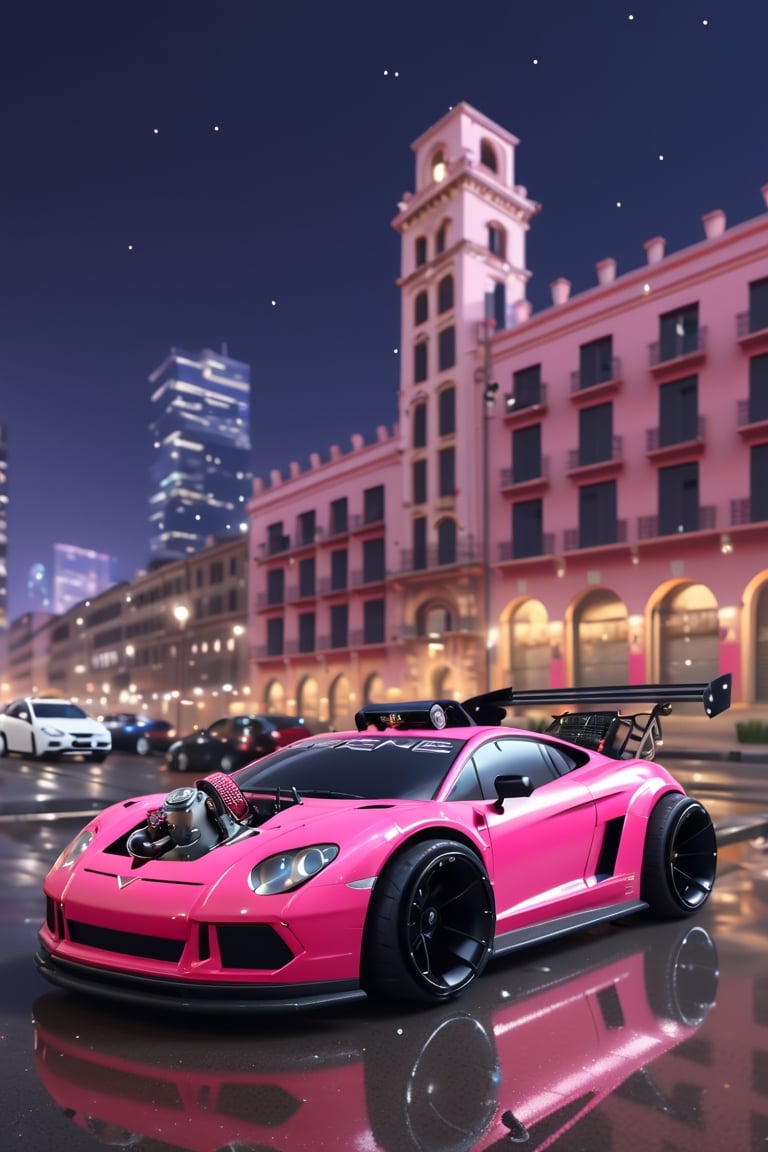produce a vehicle in the form of luxurious Lamborghini between the buildings, no human, with background is decorated twinkle and bubbles, decorated with graffiti creativity. Bright background, plain design, pro vector,3D,,cyber, pturbo