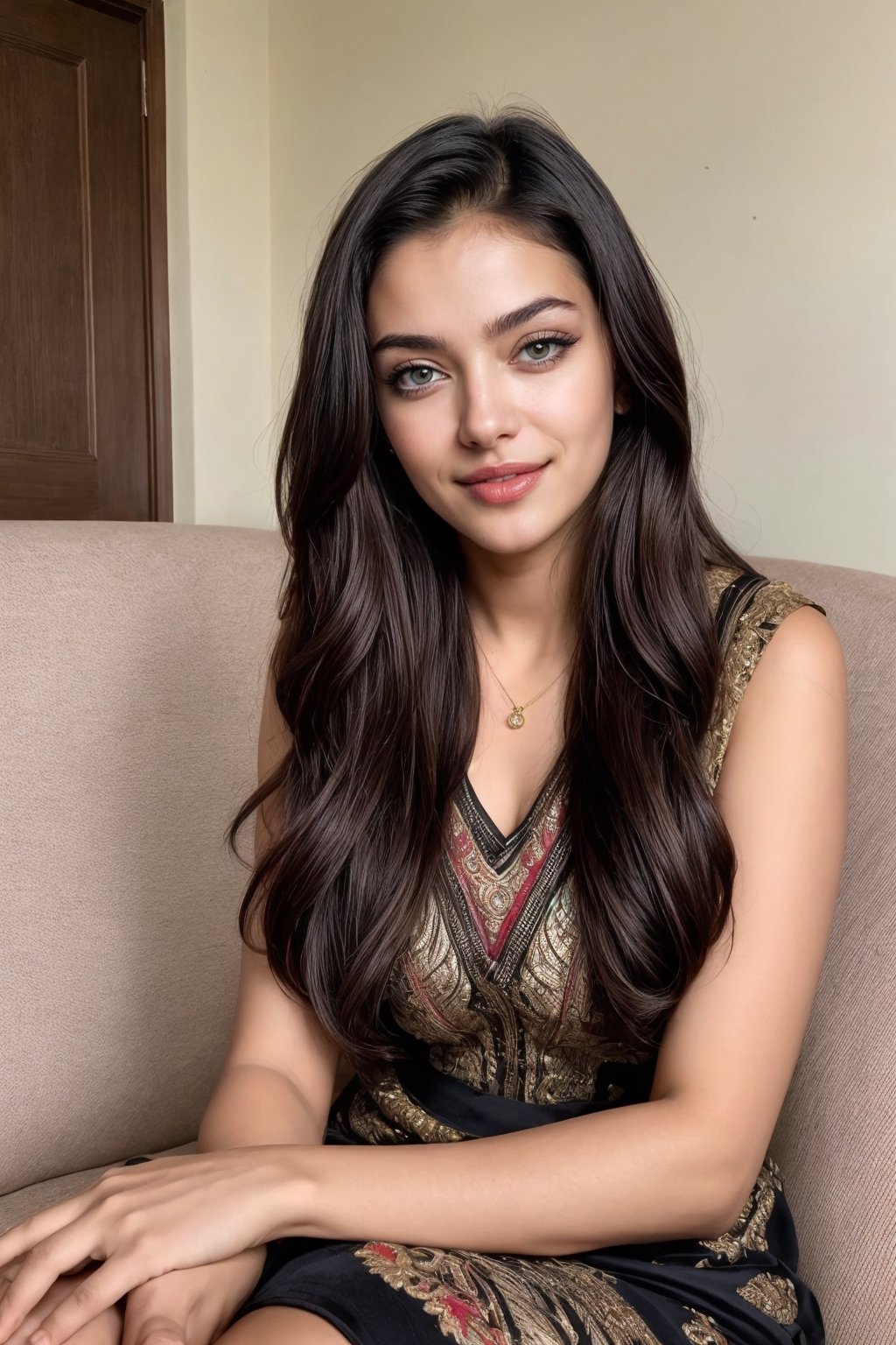 beautiful cute young attractive girl indian face like kiara advani, teenage girl,village girl,18 year old,cute, instagram model,long black hair .color hair,warm in home sir at sofa,indian little smiling,smooth face