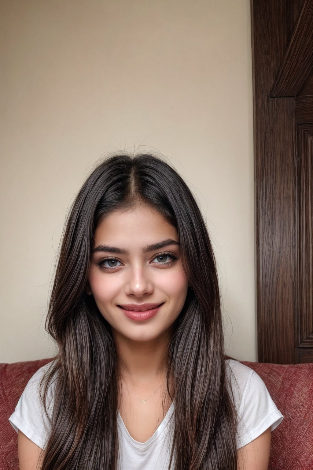 beautiful cute young attractive girl india teenage girl,village girl,18 year old,cute, instagram model,long black hair .color hair,warm in home sir at sofa,indian little smiling,smooth face