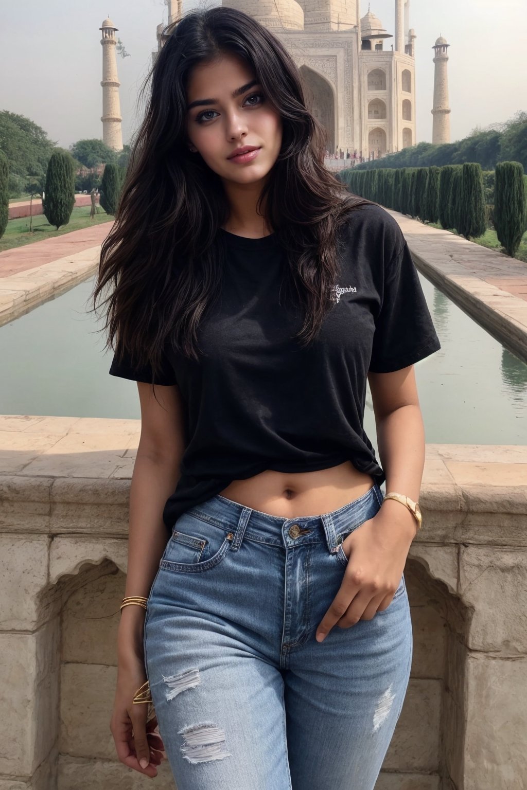 beautiful cute young attractive girl indian, teenage girl, village girl,18 year old,cute, instagram model,long black hair .color hair,at tajmahal  ,wear black tshirt and jean , hot look,indian hot ,hot look , smooth face,