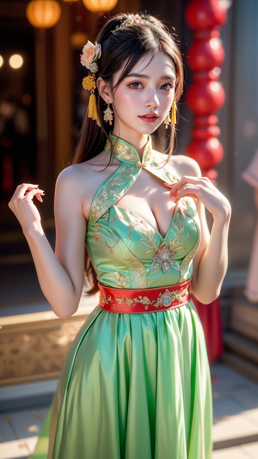 Standing, sideways, turning to look at the viewer, a girl wears traditional Han Chinese wedding attire, consisting of a beautifully embroidered bright red gown with a stand-up collar and a long skirt, with delicate floral embellishments and a decorated headdress with hanging strands of jewelry. and floral accessories, (((radiate a bright smile and joy))), Chinese architecture, red, golden yellow, red lanterns, Photography, Masterpiece, Best Quality, 8K, HDR, Nikon AF-S 105mm f/1.4E ED ,