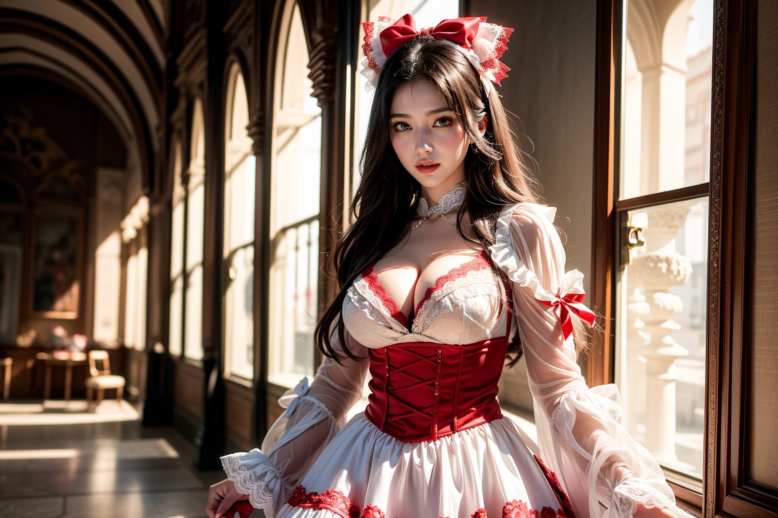 The picture shows a young woman wearing Lolita-style clothing, showing a fusion of modern and Victorian fashion aesthetics. The painting is centered on the protagonist standing in front of a classical arched window frame. Medium boobs, (((She wears a red and white tight maid outfit with a bow and lace trim))), and a matching headpiece. Her dark hair framed her face, while the background was a soft gray that accentuated her delicate attire. The dress's tiered ruffled skirt, bell sleeves and bodice added intricate details. The whole scene creates a charmingly nostalgic atmosphere with a modern twist.