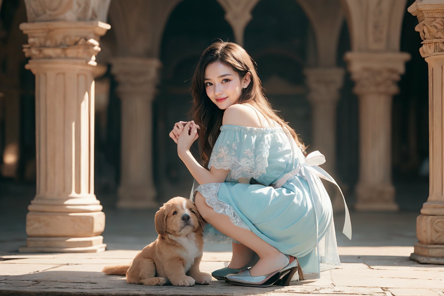 Super wide-angle panoramic shooting.    A vast and secluded garden castle.  ((( 1 girl, 1 puppy))).    Girl (((crouching sideways, playing with a puppy))).    The girl has long brown hair, medium breasts, and is wearing a light blue denim short-sleeved mid-length dress.    The dress has a square neckline, short sleeves, a row of buttons in the front, and a black belt around the waist.    The background is blurred.    The soft light enhances the ethereal dreamlike feel of the scene.    The calm expressions and elegant gestures of the figures, combined with the harmonious blend of natural and architectural elements, create a calming beauty.    The costumes and environments highlight the combination of fantasy and reality, emphasizing the artist's attention to detail and vibrant colors.