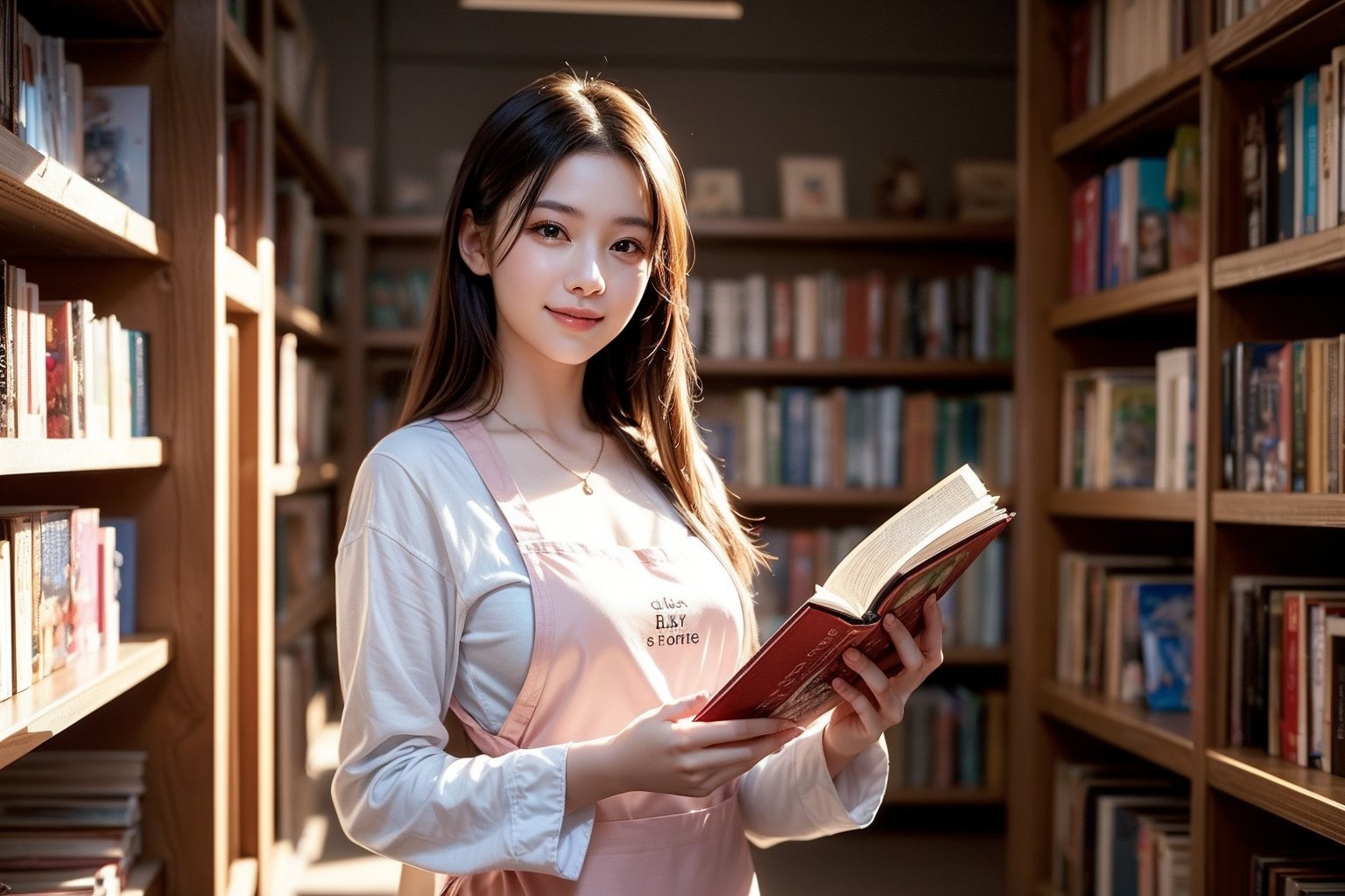 Presents a realistic style. Shot at an ultra-wide angle, the center of the composition is a young woman wearing a white long-sleeved shirt, a dark brown apron, and a gentle smile. Work as a clerk in a large bookstore and carefully organize the books on the shelves. Provides structural elements to the scene. The overall atmosphere is calm and contemplative.