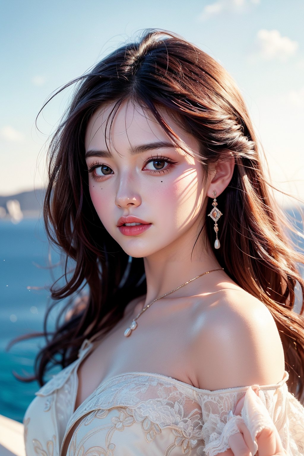 This photo is done in a modern, high-fashion style and could be the work of a contemporary portrait photographer.  1 Girl, She wore an elegant off-the-shoulder white gown with delicate lace patterns and rhinestone details.  Her dark hair was neatly styled and she accessorized with pearl earrings and a simple ring.  This image emphasizes softness and elegance, highlighted by soft tones and soft light, creating a dreamy atmosphere.  The woman's gentle smile and relaxed posture enhance the elegance and tranquil beauty of the entire portrait.  The background is Santorini's blue and white characteristic buildings, the ocean, blue sky and white clouds