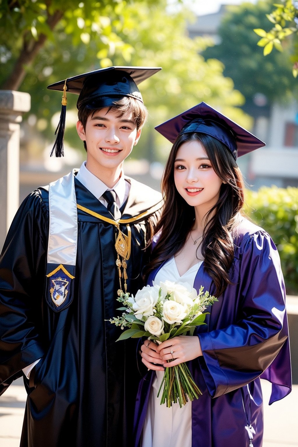 This image is a high-resolution photo that may have been taken by a professional or experienced photographer. A girl and a boy wearing black graduation gowns and caps outdoors. They smiled, waved, and happily took photos together holding a bouquet of purple and white flowers. Cue an outdoor graduation ceremony scene. With a blurred background of leafy trees and blurred buildings, as well as other people in graduation gowns, the image is bright and clear, with natural light emphasizing the celebratory atmosphere. The subject appears relaxed and happy, marking an important milestone.