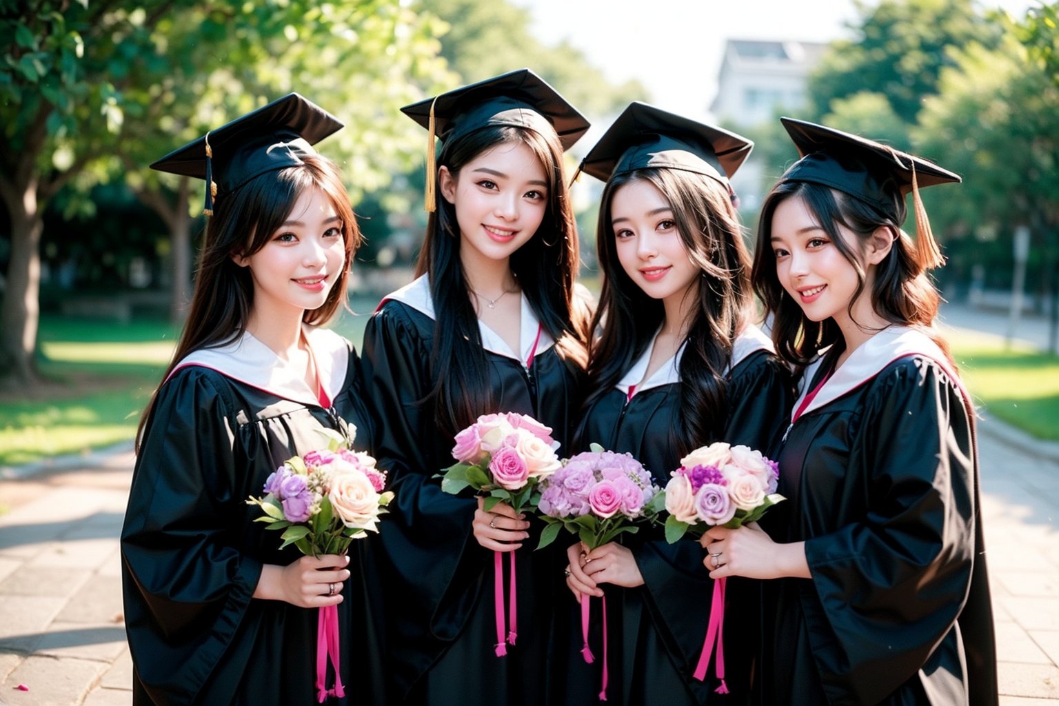 This image is a high-resolution photo that may have been taken by a professional or experienced photographer. 2 girls, ((one with long hair, one with short hair)) Two young women wearing black graduation gowns and graduation caps standing outdoors. They smiled and waved, each holding a bouquet of purple and white flowers. The background is a leafy tree and a vague building, suggesting an outdoor graduation ceremony. The image is bright and clear, with natural light emphasizing the celebratory atmosphere. The subject appears relaxed and happy, marking an important milestone.